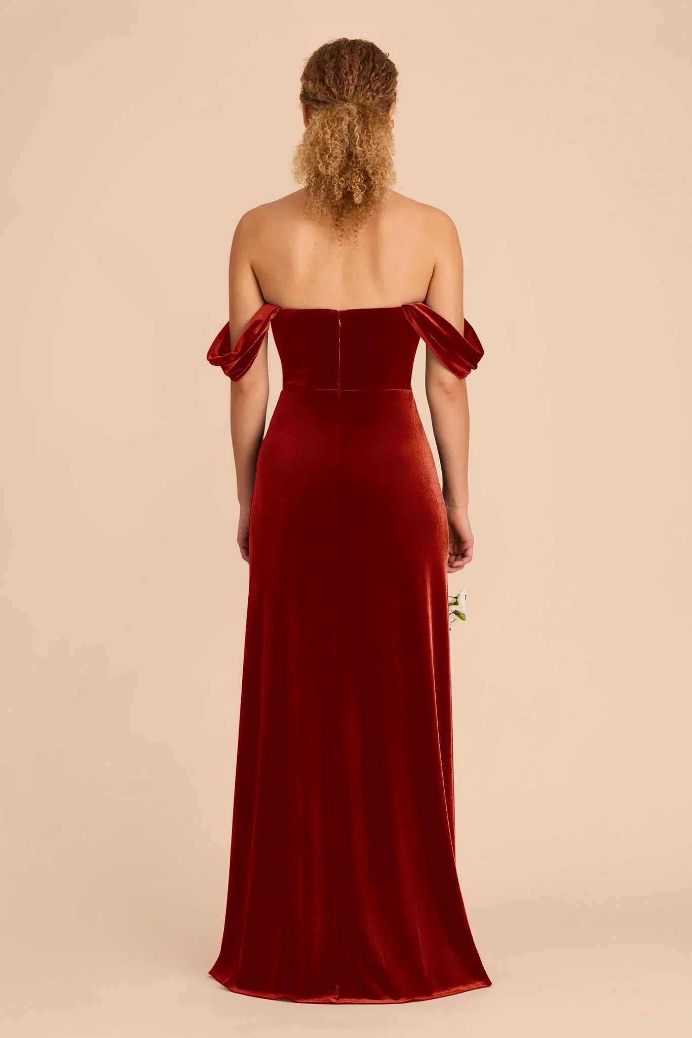 Romantic Burnt Orange Velvet Off-the-Shoulder Maxi Bridesmaid Dress with Flounce Sleeves & High Side Slit