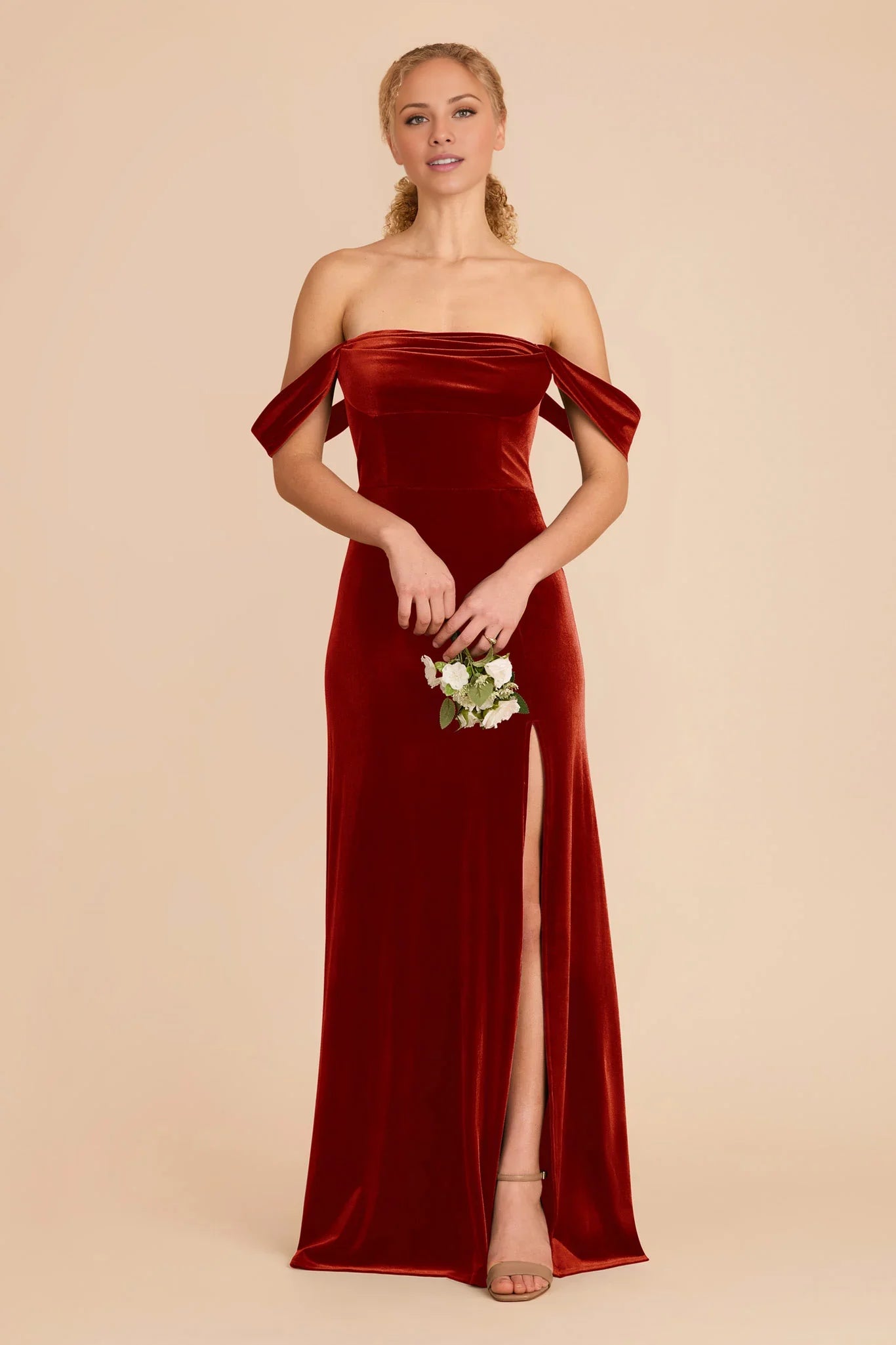Romantic Burnt Orange Velvet Off-the-Shoulder Maxi Bridesmaid Dress with Flounce Sleeves & High Side Slit