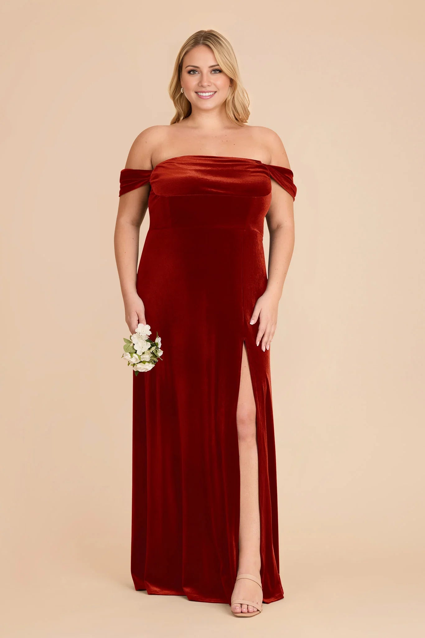 Romantic Burnt Orange Velvet Off-the-Shoulder Maxi Bridesmaid Dress with Flounce Sleeves & High Side Slit