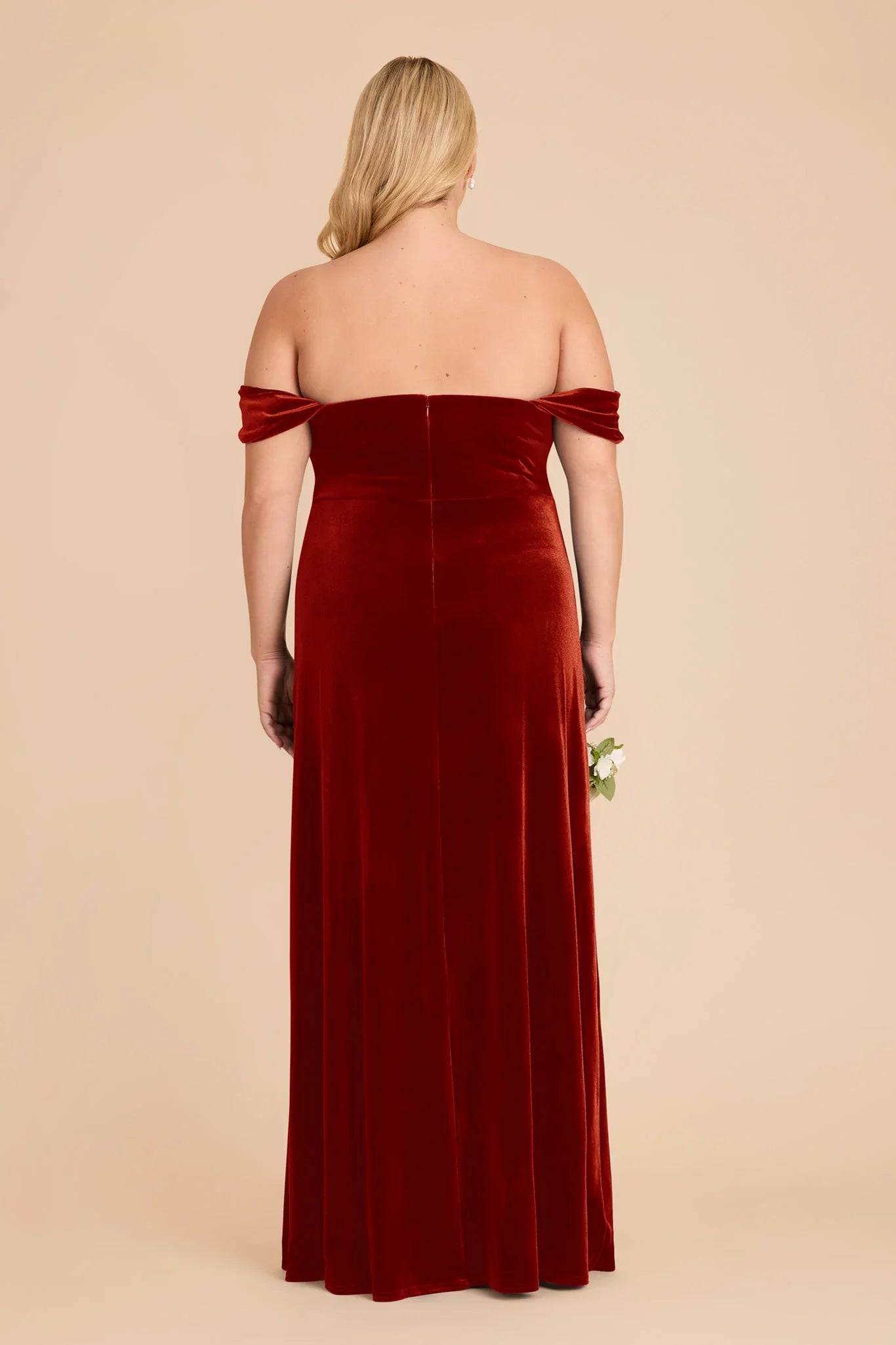 Romantic Burnt Orange Velvet Off-the-Shoulder Maxi Bridesmaid Dress with Flounce Sleeves & High Side Slit