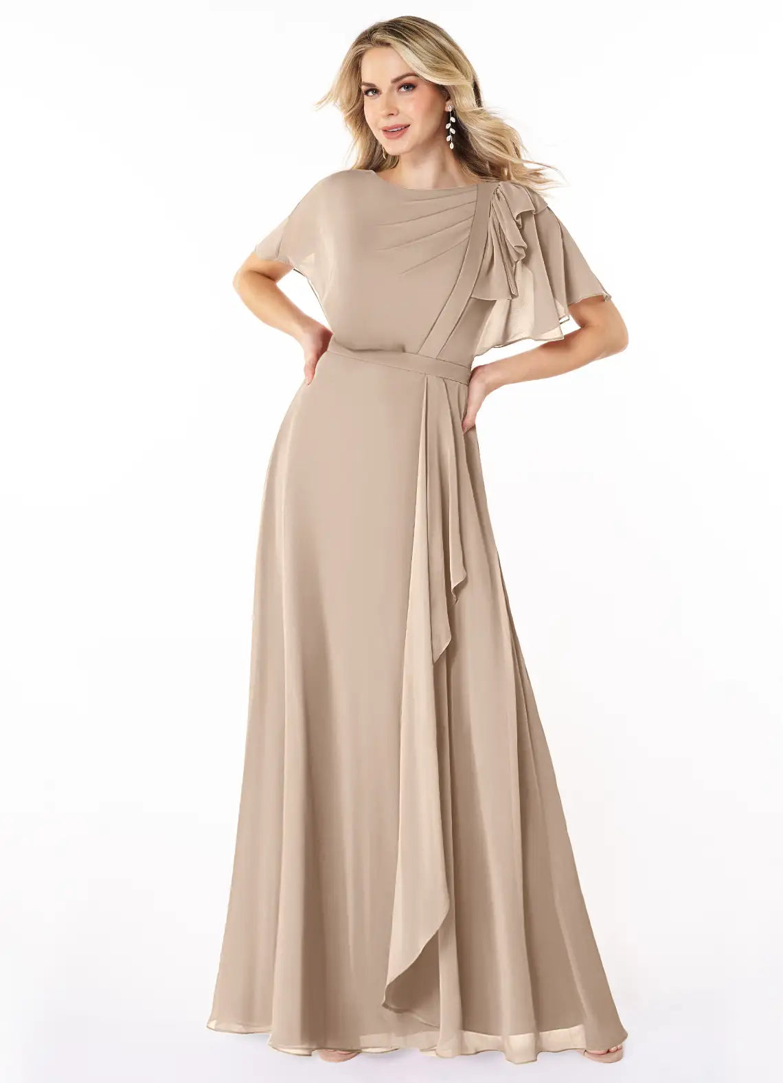 Romantic Chiffon A-Line Round Neck Flutter Sleeve Ruffled Back Floor-Length Bridesmaid Dress