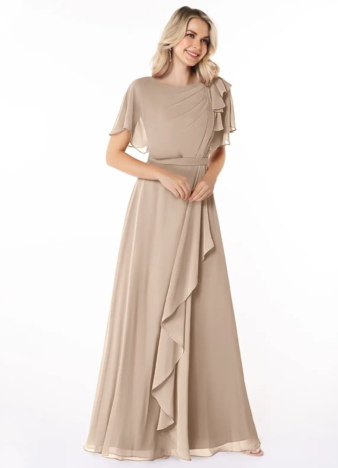 Romantic Chiffon A-Line Round Neck Flutter Sleeve Ruffled Back Floor-Length Bridesmaid Dress