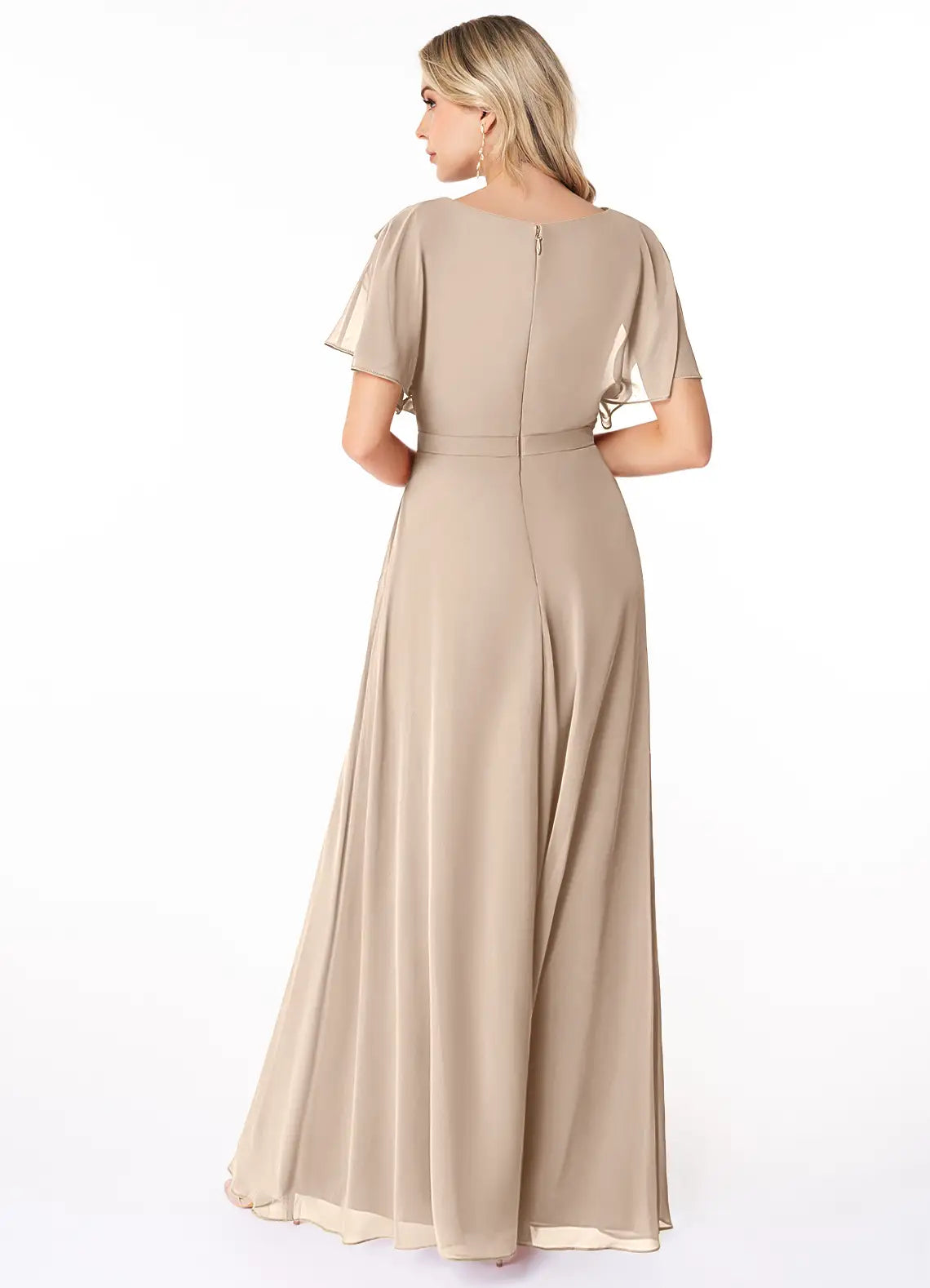 Romantic Chiffon A-Line Round Neck Flutter Sleeve Ruffled Back Floor-Length Bridesmaid Dress