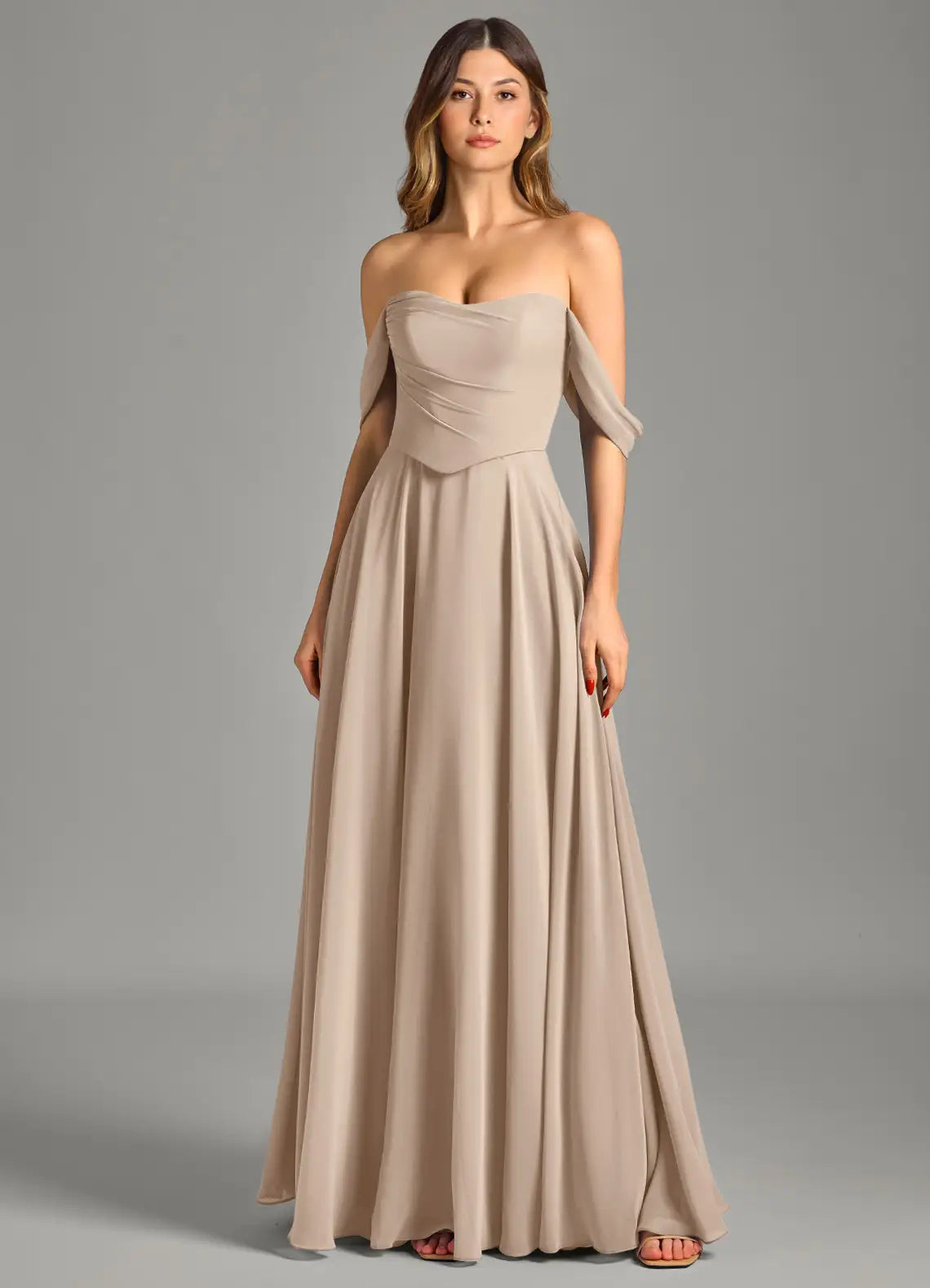 Romantic Chiffon Bridesmaid Dress with Convertible Off-the-Shoulder Neck and Flowing Skirt