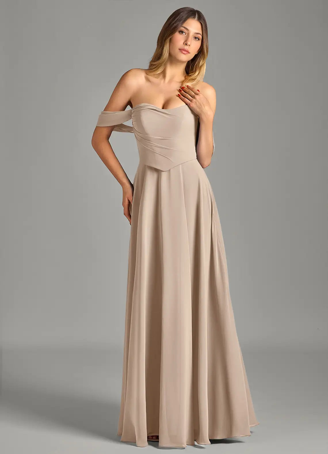 Romantic Chiffon Bridesmaid Dress with Convertible Off-the-Shoulder Neck and Flowing Skirt