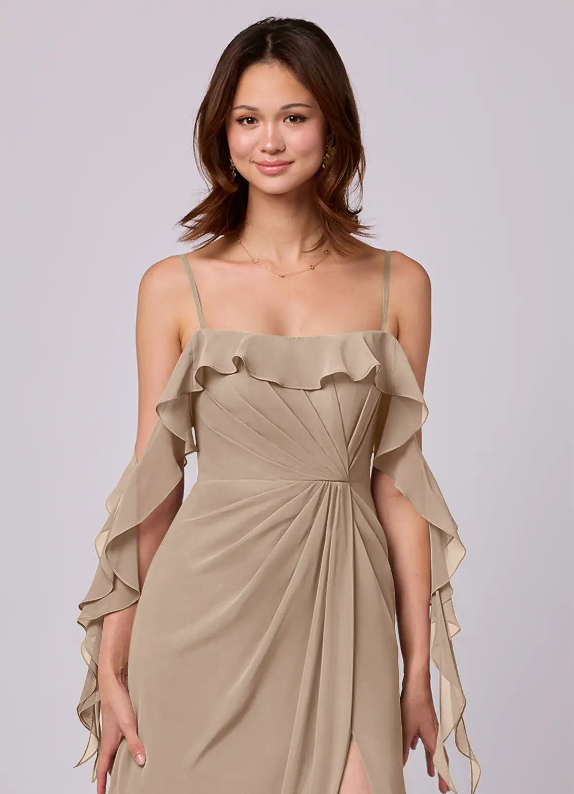 Romantic Chiffon Bridesmaid Dress with Off-the-Shoulder Ruffles, High Slit and Flowing Skirt