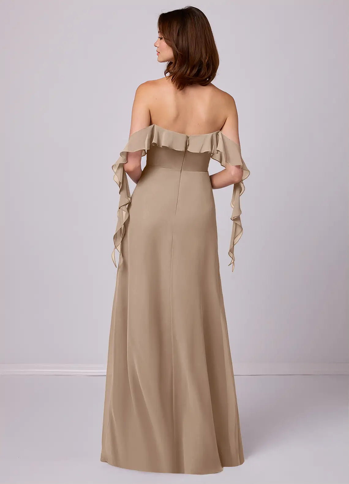 Romantic Chiffon Bridesmaid Dress with Off-the-Shoulder Ruffles, High Slit and Flowing Skirt