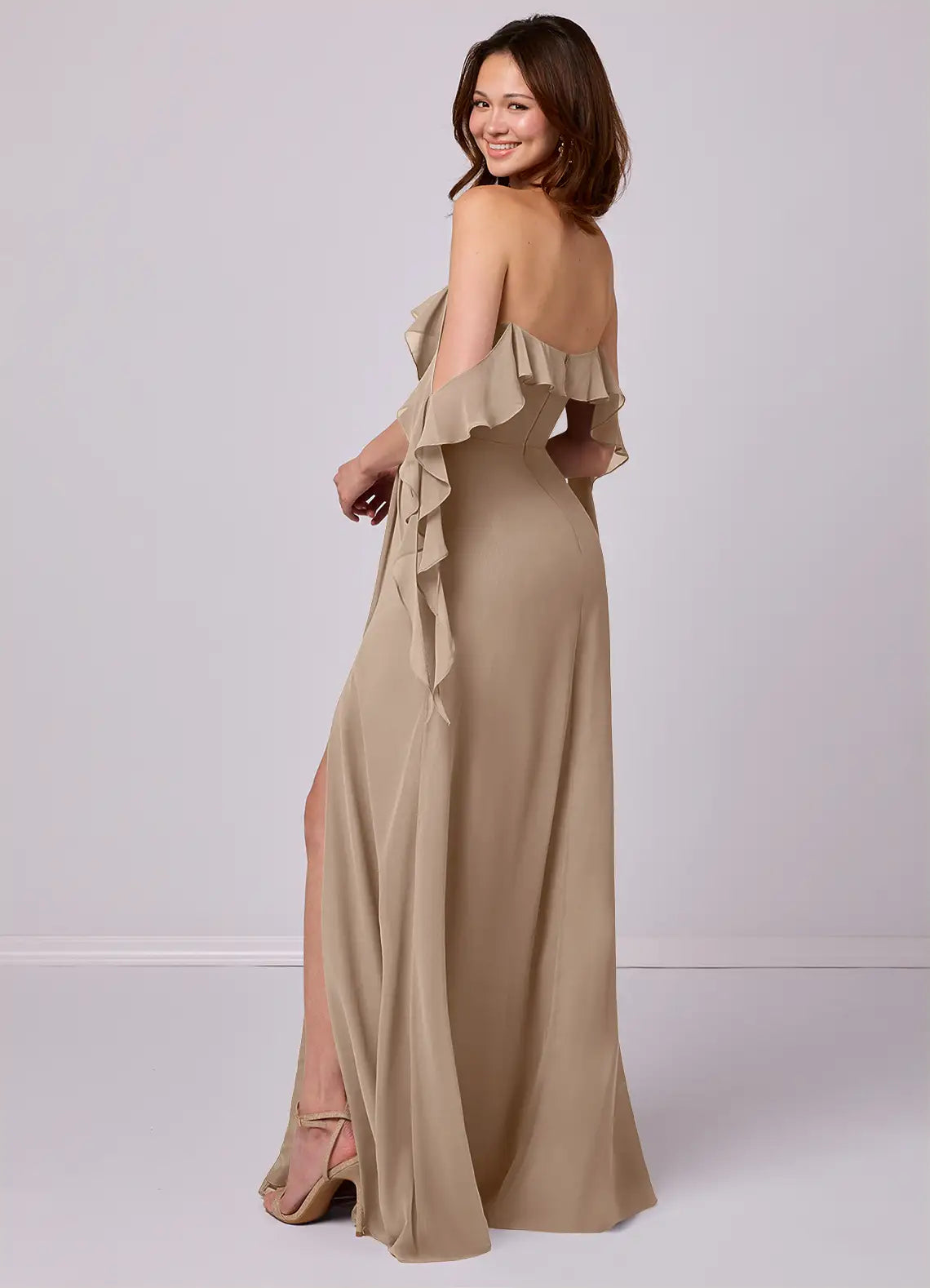 Romantic Chiffon Bridesmaid Dress with Off-the-Shoulder Ruffles, High Slit and Flowing Skirt