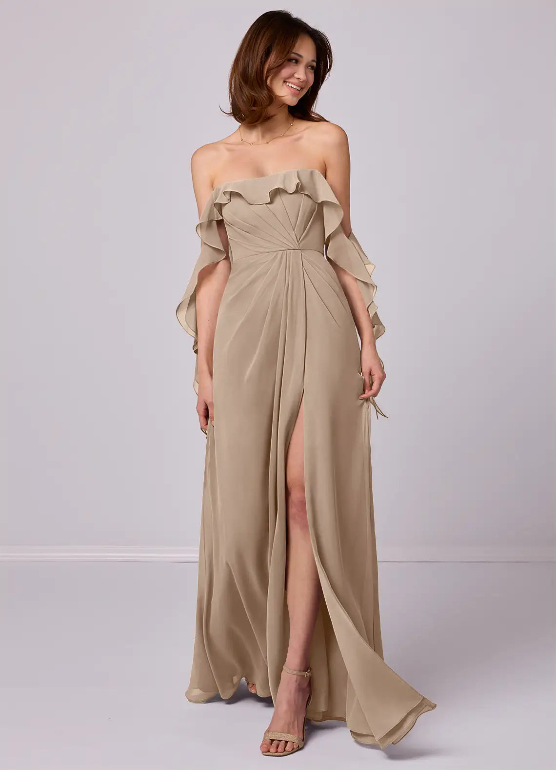 Romantic Chiffon Bridesmaid Dress with Off-the-Shoulder Ruffles, High Slit and Flowing Skirt