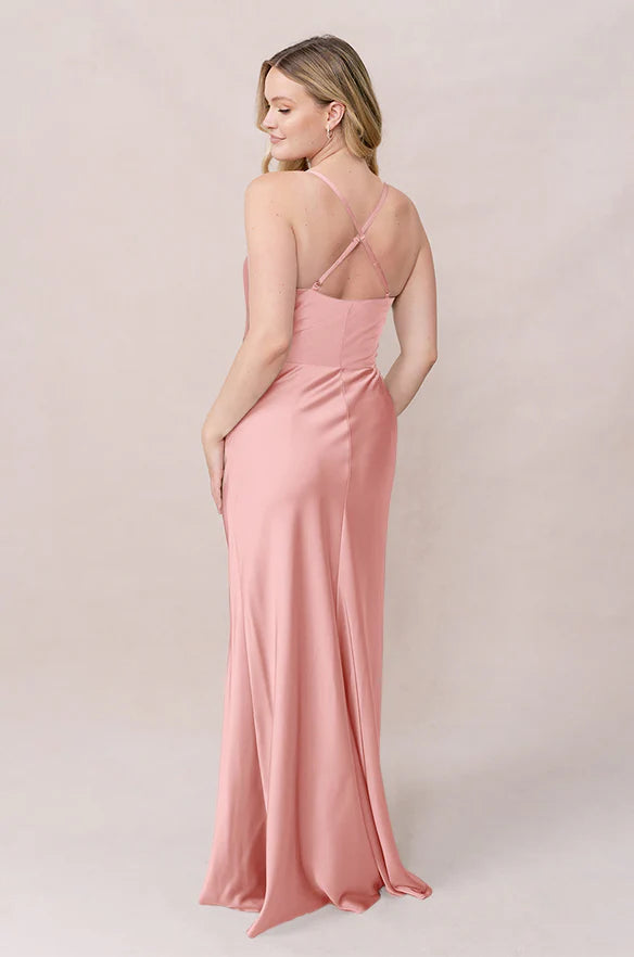 Romantic Cowl Neck Blush Pink Satin Evening Dress with Crisscross Back Straps, High Thigh Slit & Floor-Length Hem