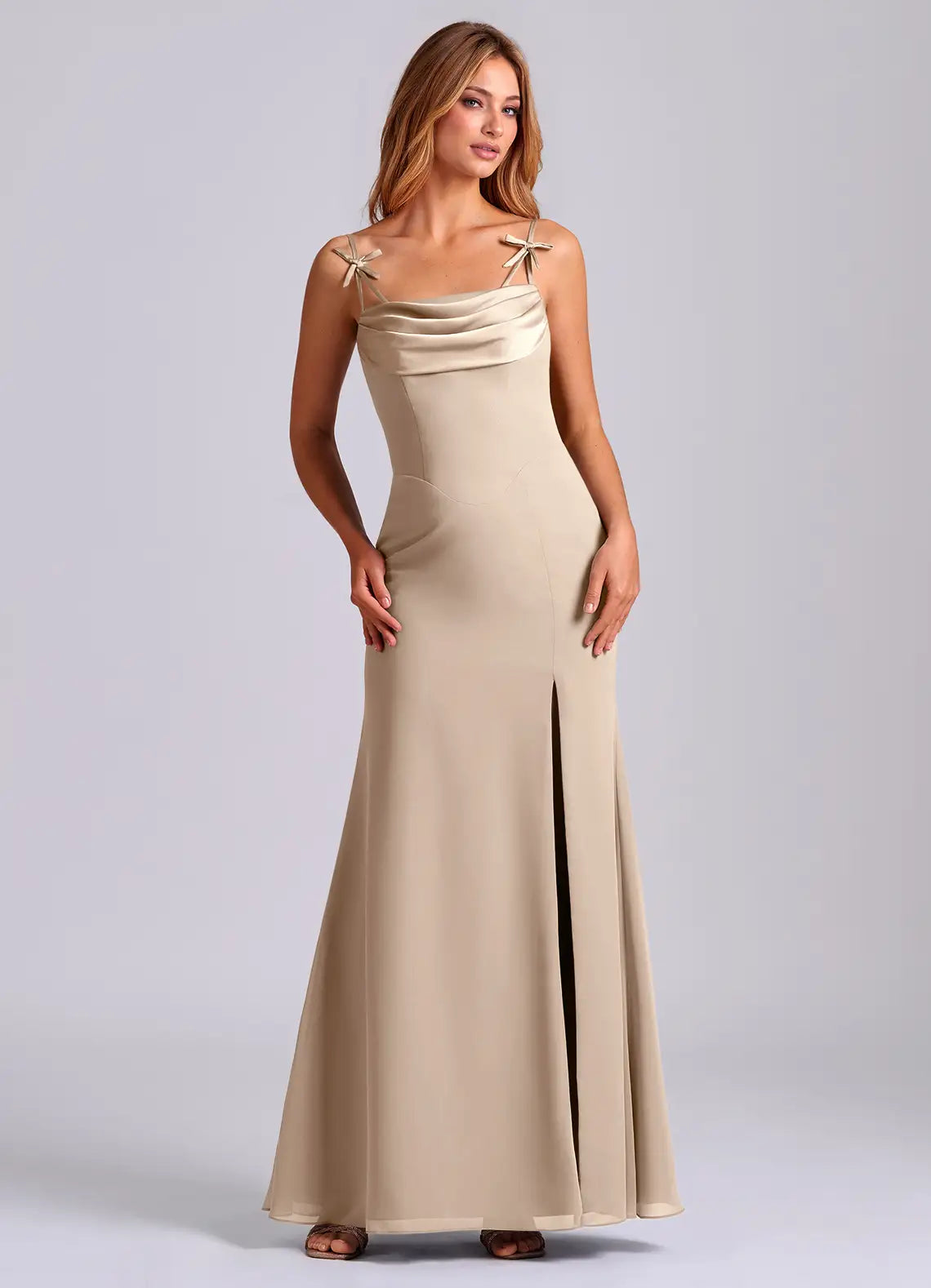 Romantic Cowl Neck Bridesmaid Dresses with Bow Strap Accents, Low Back Design, Daring High Slit and Mermaid Maxi Silhouette Formal Gown