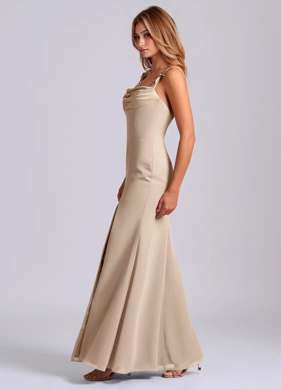 Romantic Cowl Neck Bridesmaid Dresses with Bow Strap Accents, Low Back Design, Daring High Slit and Mermaid Maxi Silhouette Formal Gown
