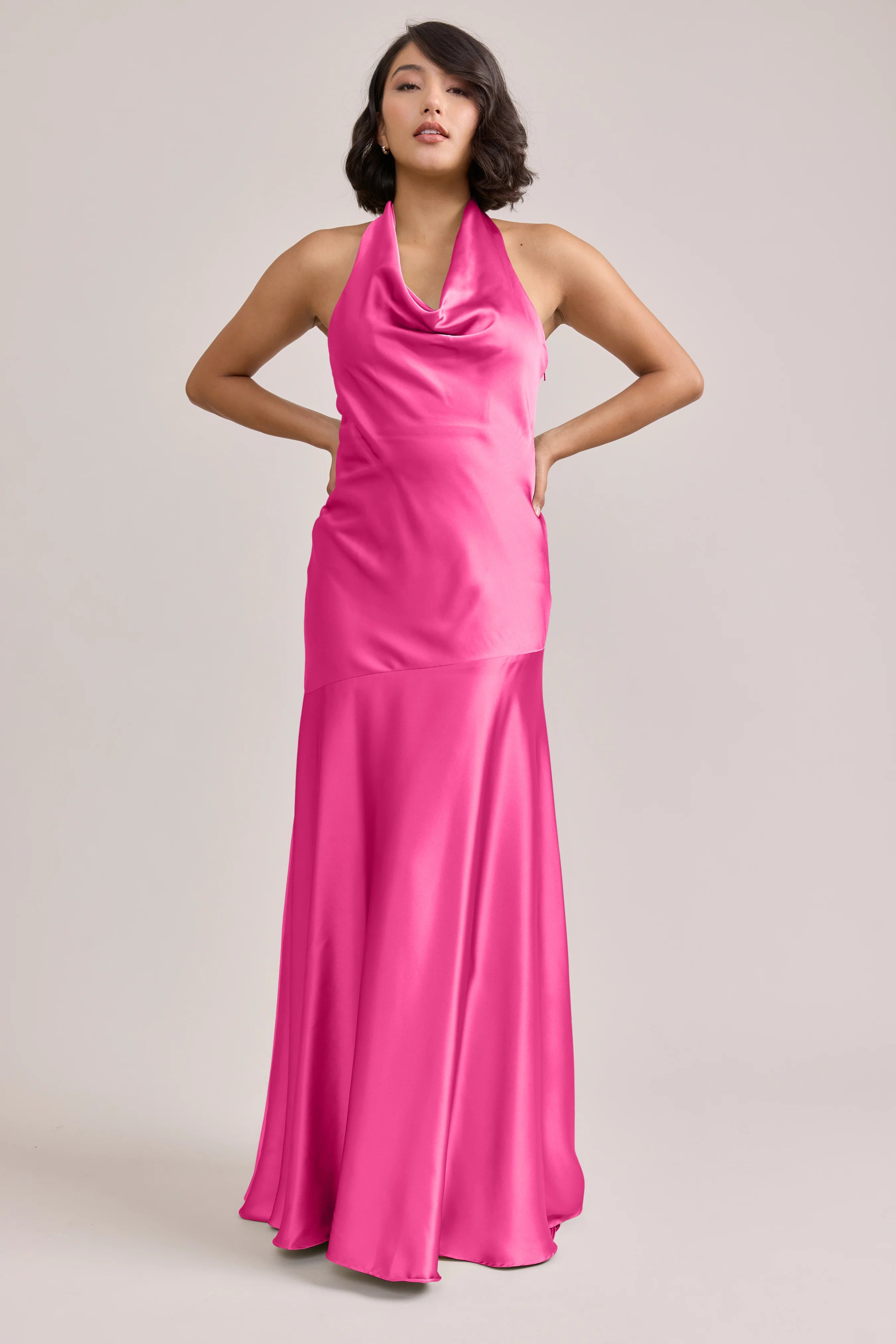 Romantic Cowl Neck Halter Hot Pink Satin Bridesmaid Dress with Self-Tie Bow Back & Flowy Mermaid Floor-Length Hem