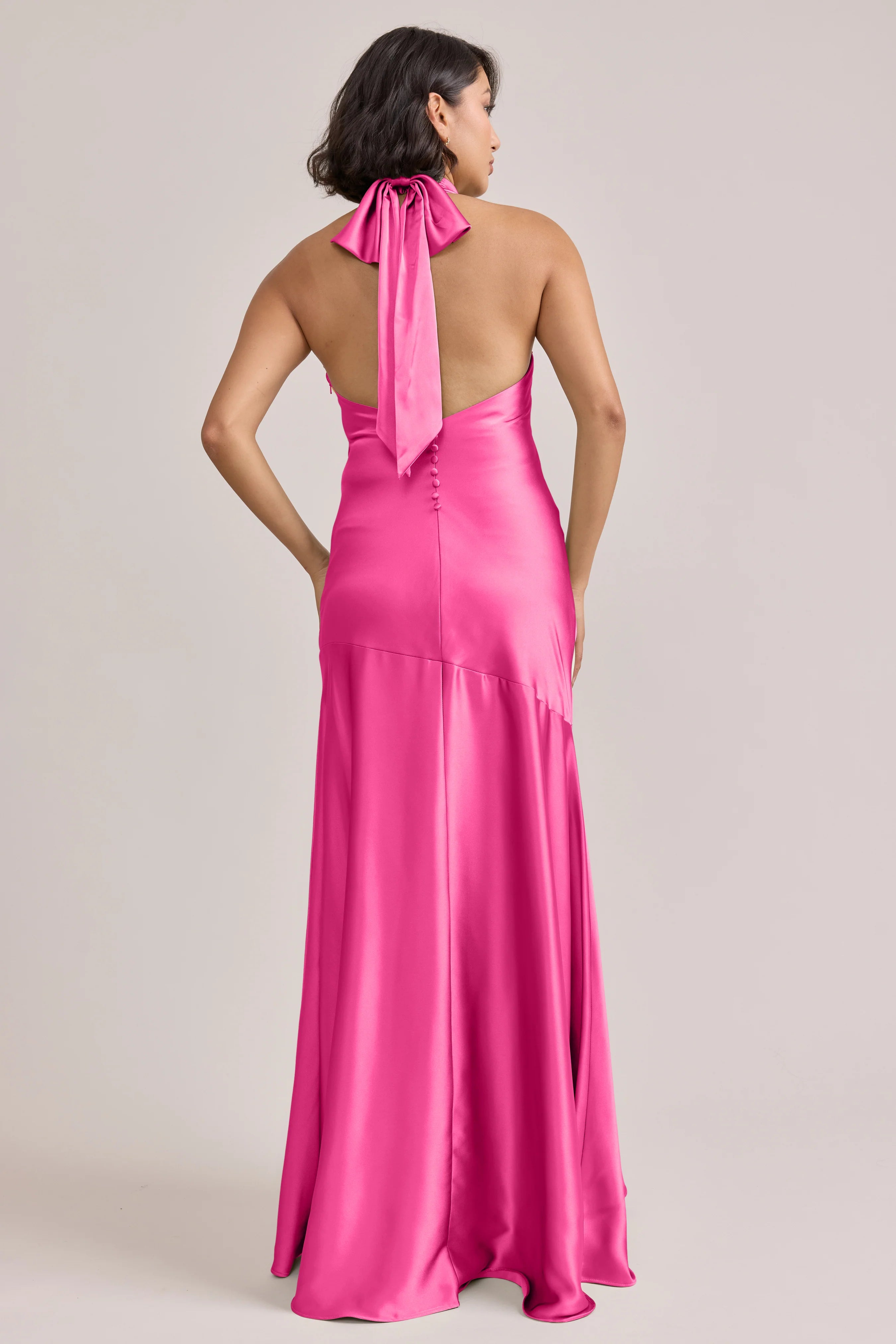 Romantic Cowl Neck Halter Hot Pink Satin Bridesmaid Dress with Self-Tie Bow Back & Flowy Mermaid Floor-Length Hem