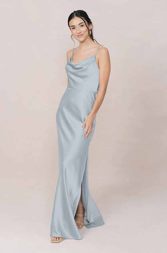 Romantic Cowl Neck Spaghetti Strap Satin Mermaid Bridesmaid Dress with Cowl Back & High Slit in Sky Blue