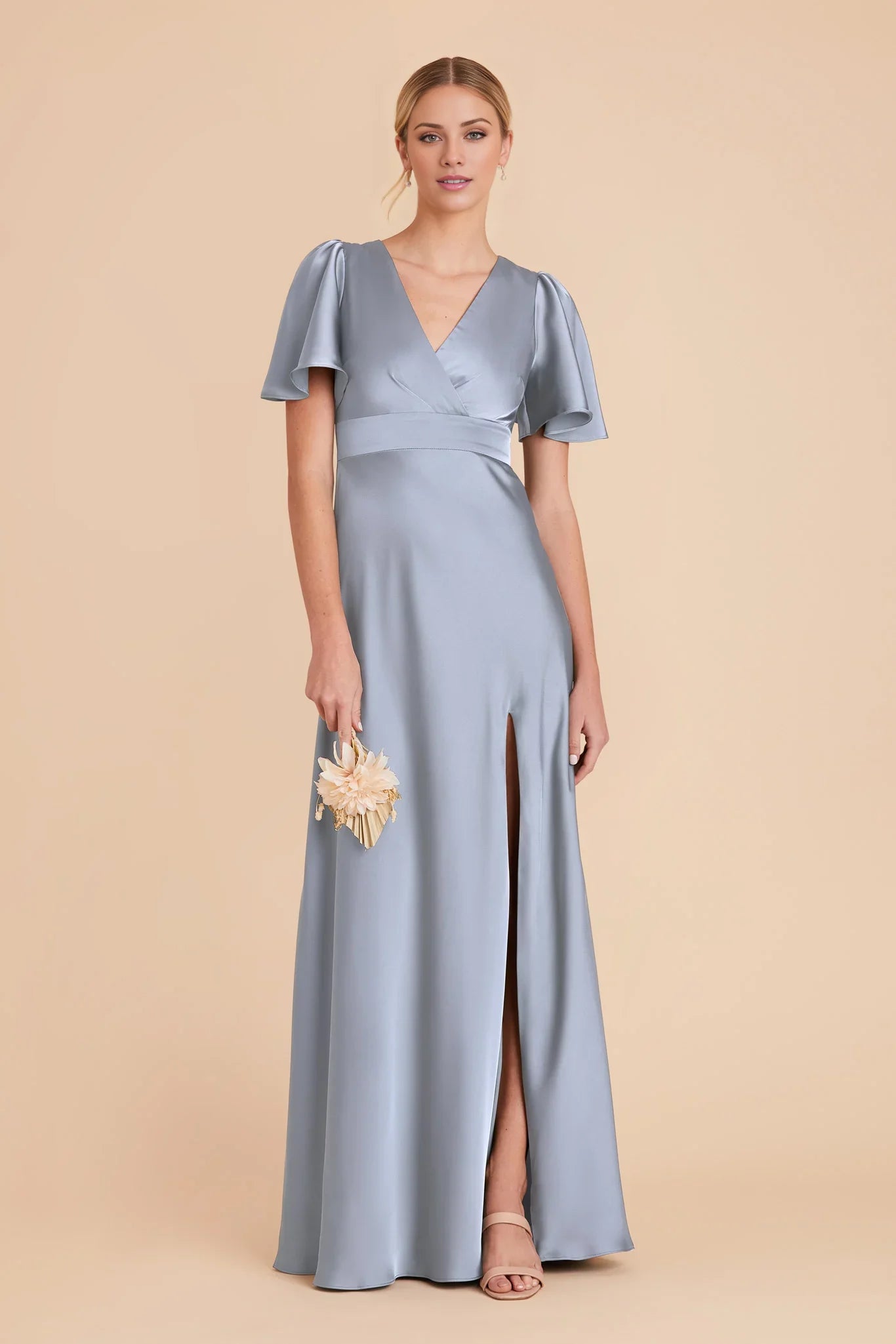 Romantic Dusty Blue Satin Deep V-Neck Flutter-Sleeve Maxi Bridesmaid Dress with High Side Slit