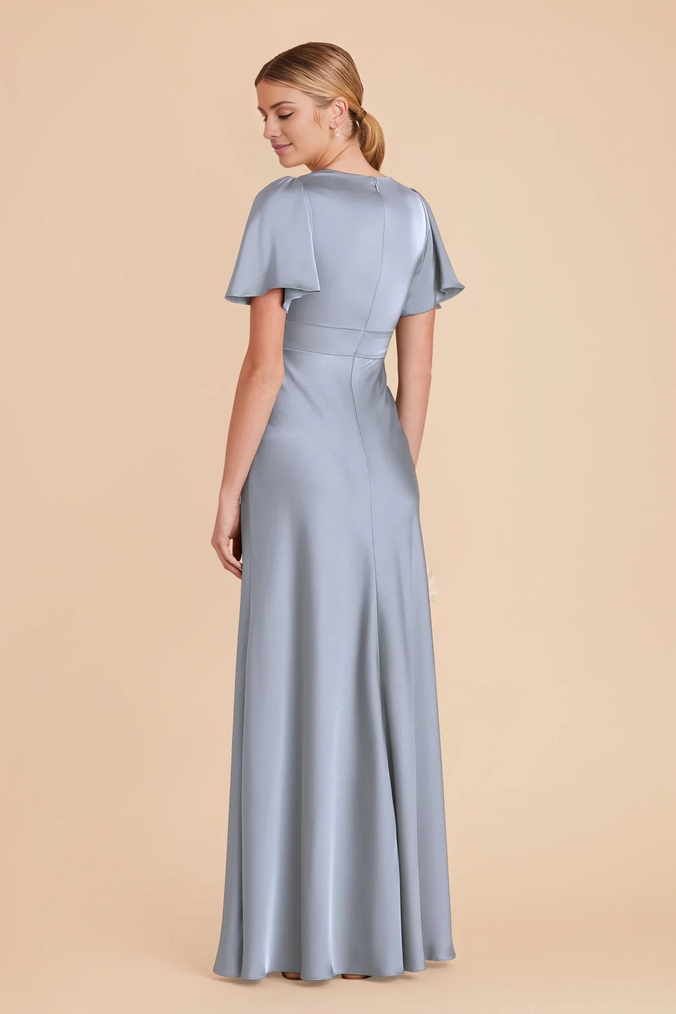 Romantic Dusty Blue Satin Deep V-Neck Flutter-Sleeve Maxi Bridesmaid Dress with High Side Slit
