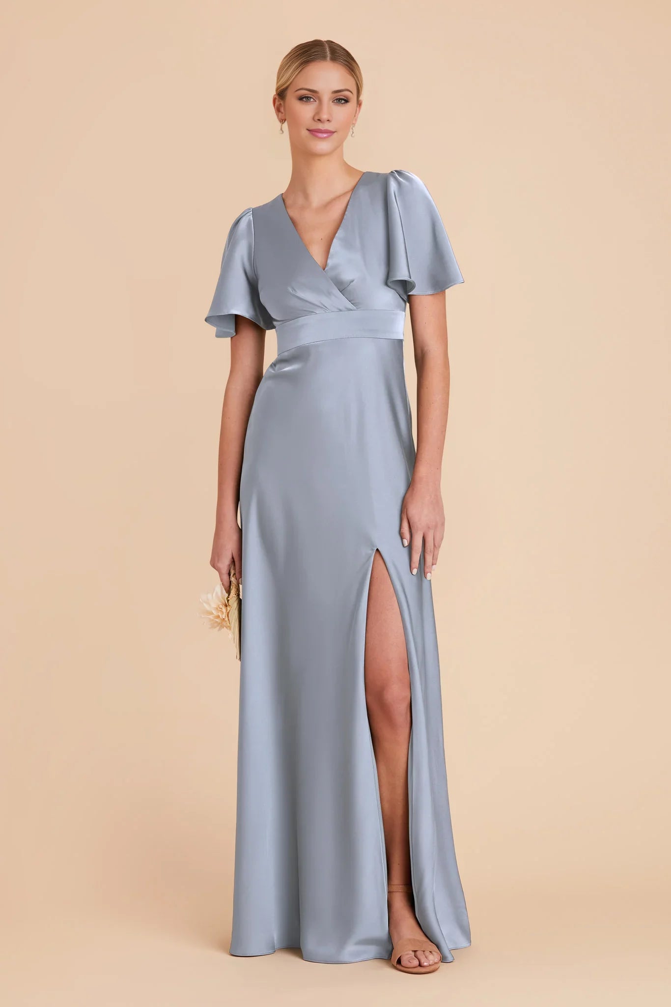 Romantic Dusty Blue Satin Deep V-Neck Flutter-Sleeve Maxi Bridesmaid Dress with High Side Slit