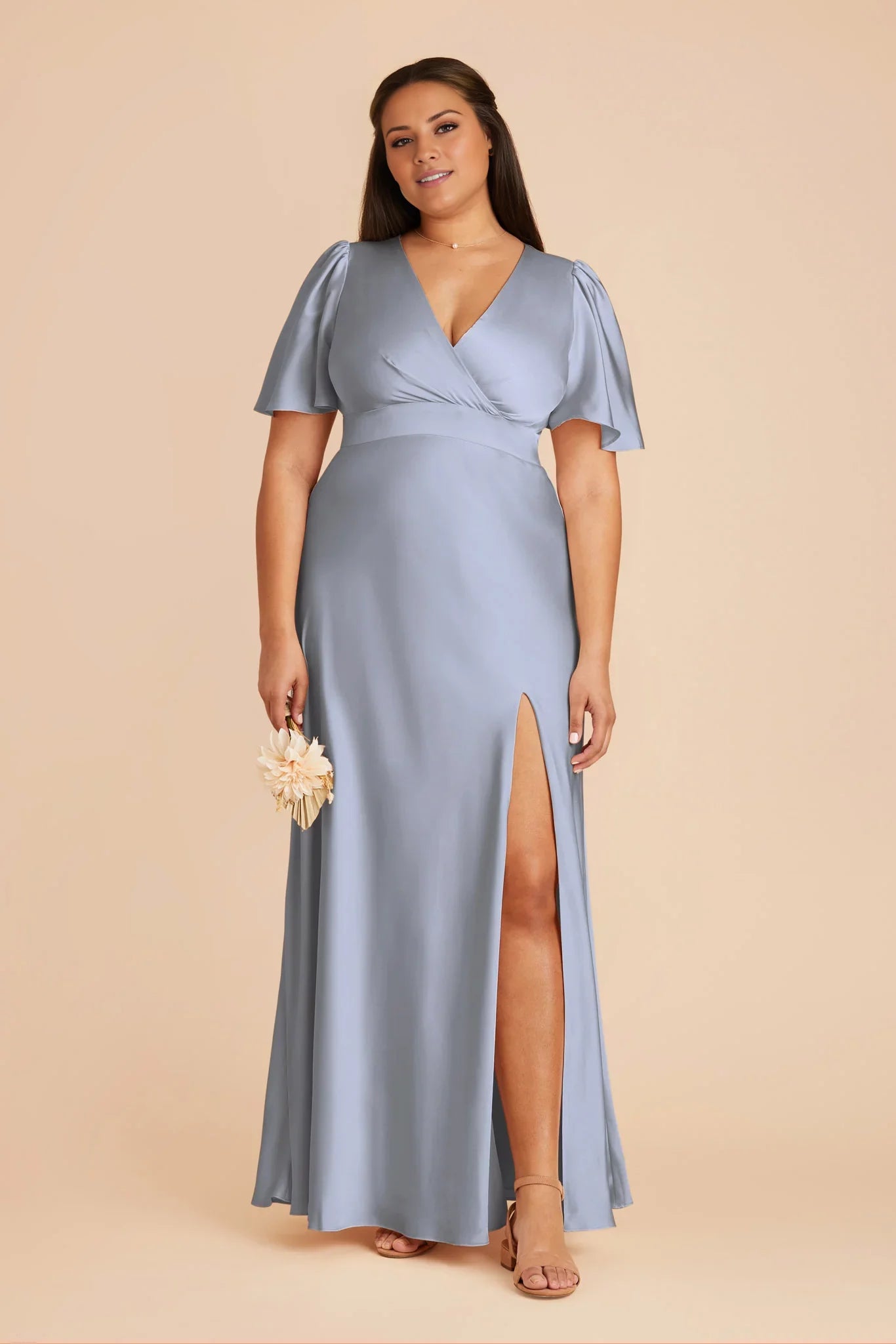 Romantic Dusty Blue Satin Deep V-Neck Flutter-Sleeve Maxi Bridesmaid Dress with High Side Slit
