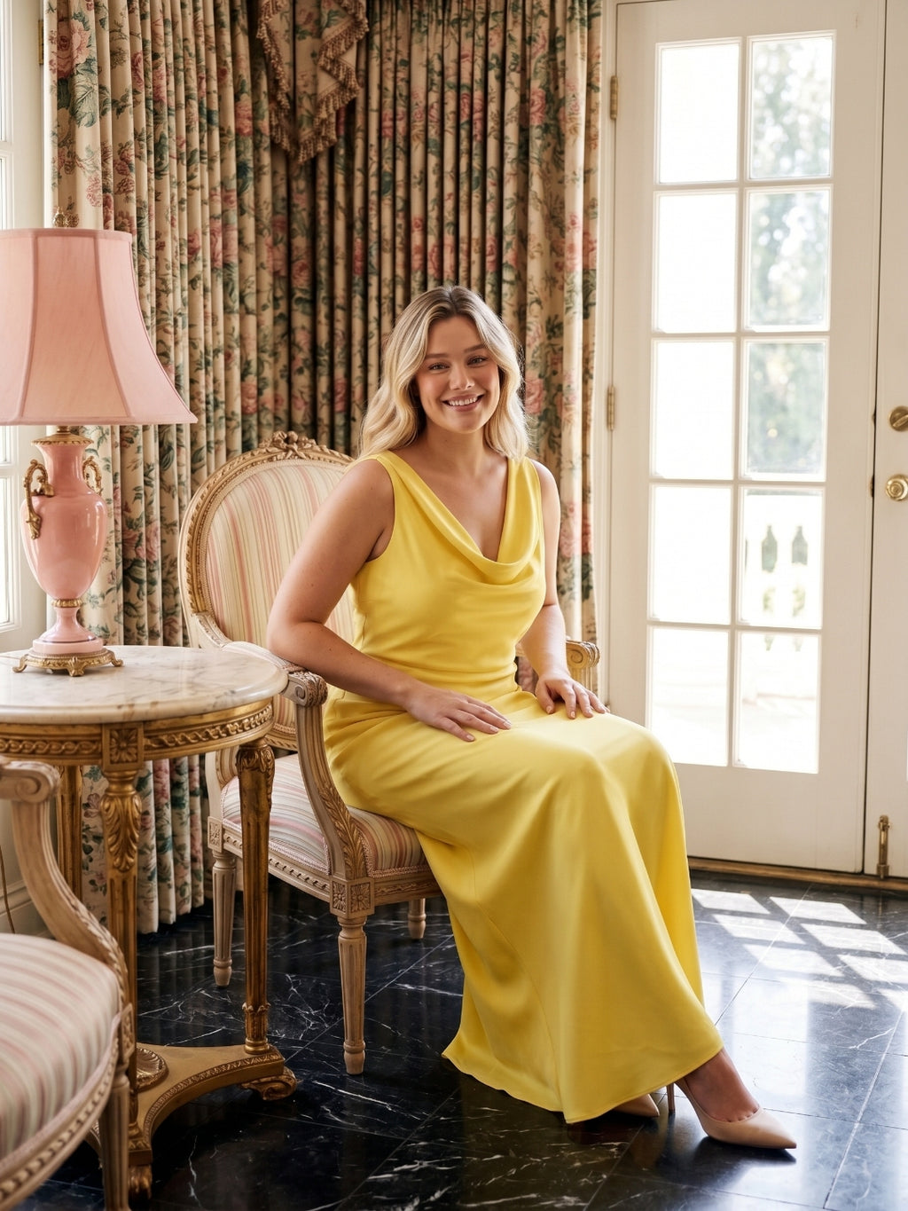 Romantic Lemon Matte Satin A-Line Cowl Neck Backless Ankle-Length  Bridesmaid Dress