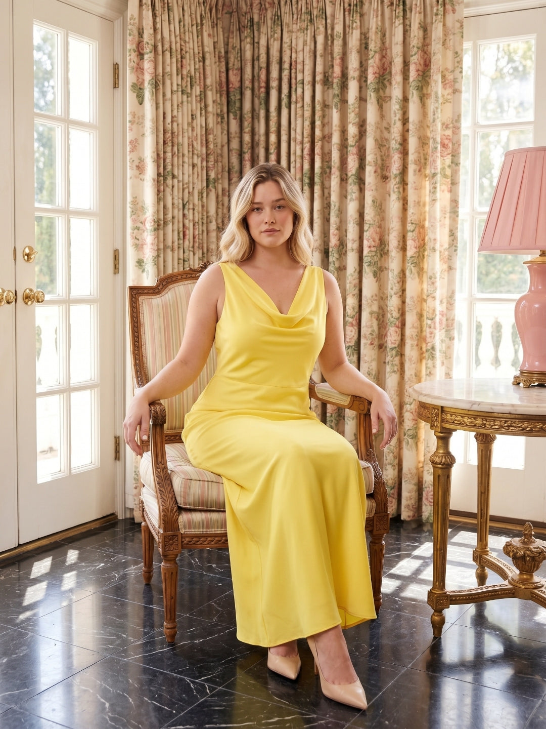 Romantic Lemon Matte Satin A-Line Cowl Neck Backless Ankle-Length  Bridesmaid Dress
