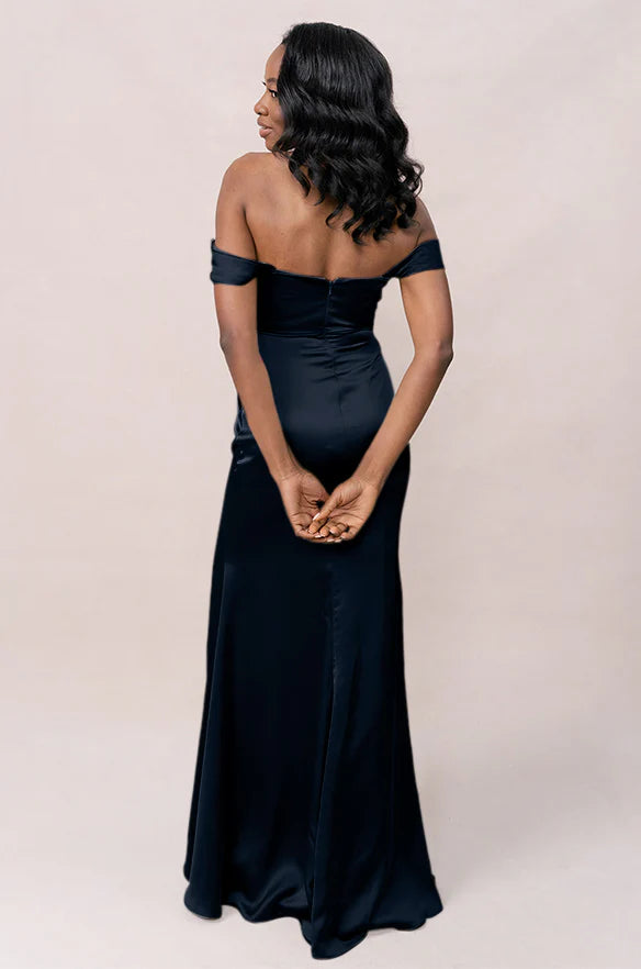 Romantic Off-Shoulder Sweetheart Neck Satin Mermaid Bridesmaid Dress with High Side Slit