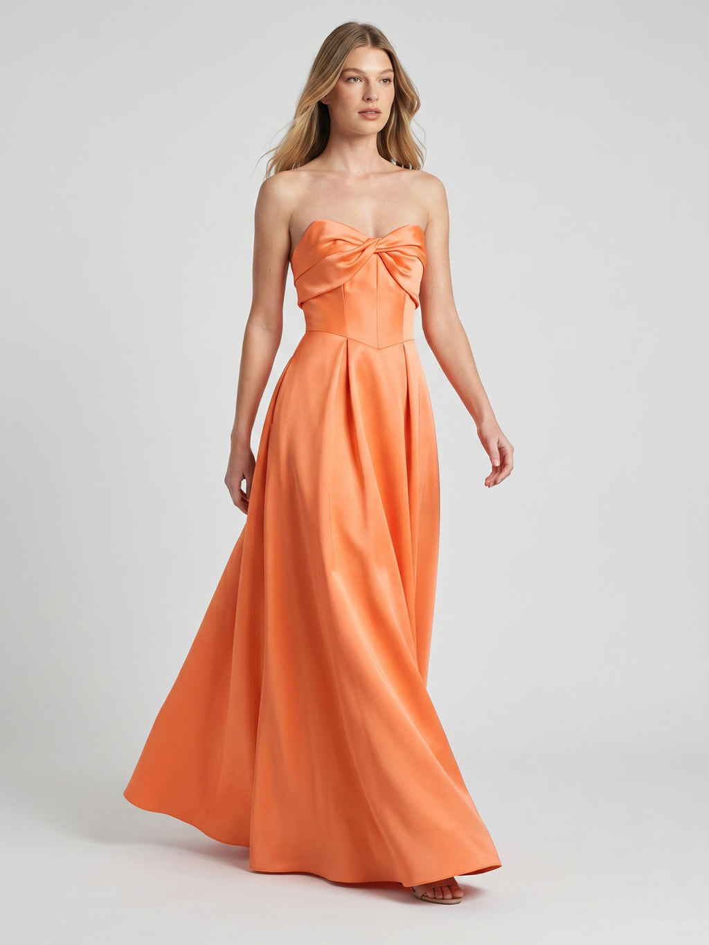 Romantic Orange Satin A-Line Sweetheart Back Zip Floor-Length Bridesmaid Dress with Pleated Detail
