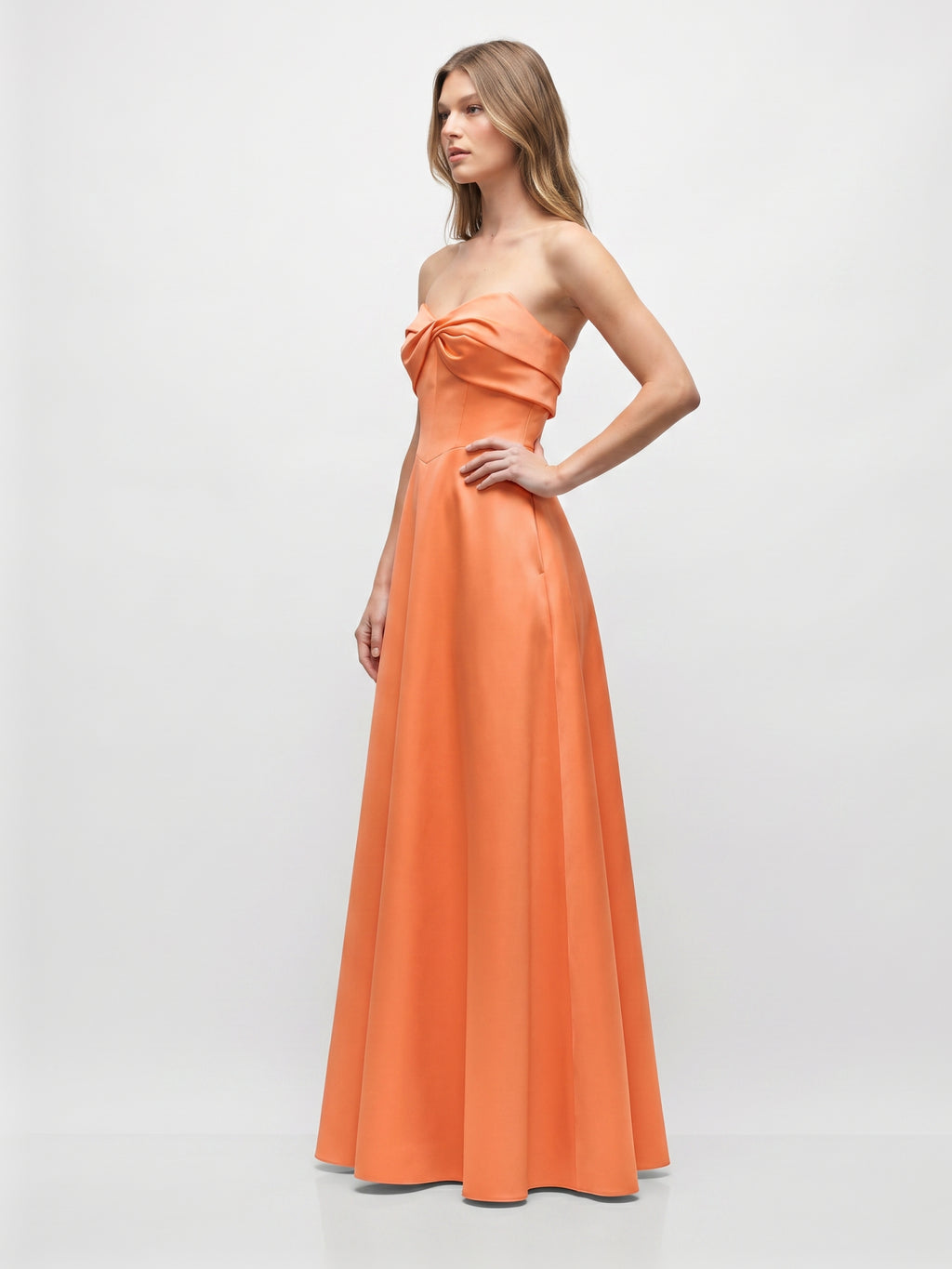 Romantic Orange Satin A-Line Sweetheart Back Zip Floor-Length Bridesmaid Dress with Pleated Detail