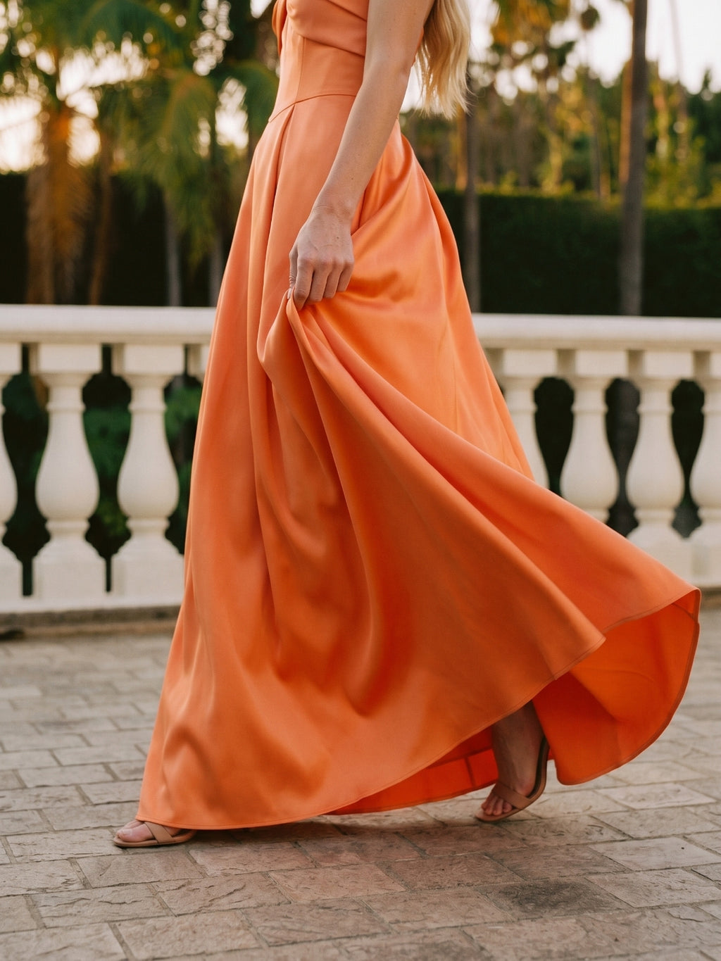 Romantic Orange Satin A-Line Sweetheart Back Zip Floor-Length Bridesmaid Dress with Pleated Detail