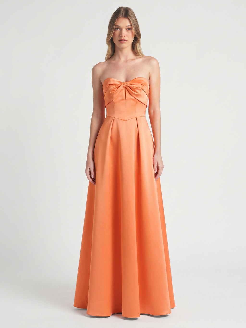 Romantic Orange Satin A-Line Sweetheart Back Zip Floor-Length Bridesmaid Dress with Pleated Detail