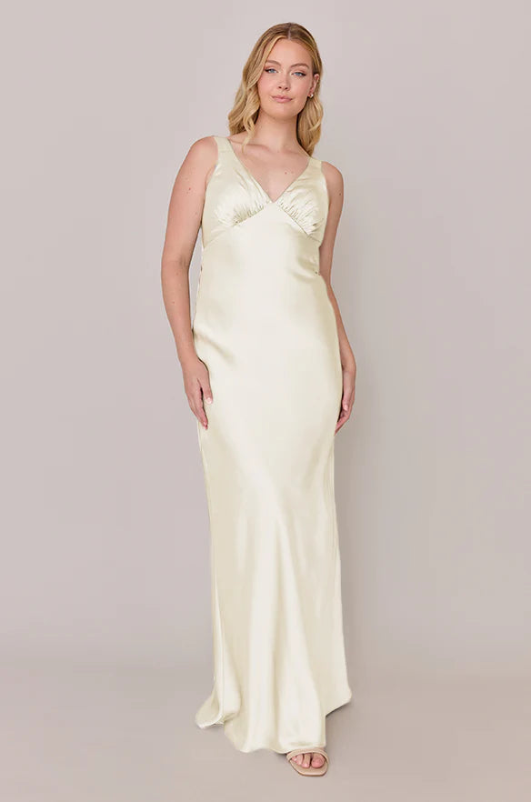 Romantic Satin V-neck Ruched Bust Cowl Back Floor-length Champagne Bridesmaid Dress