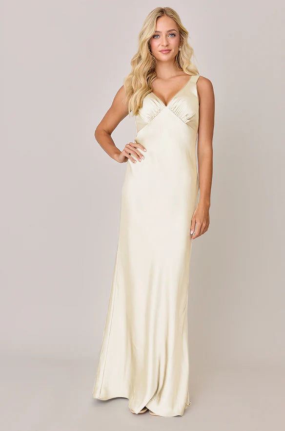 Romantic Satin V-neck Ruched Bust Cowl Back Floor-length Champagne Bridesmaid Dress