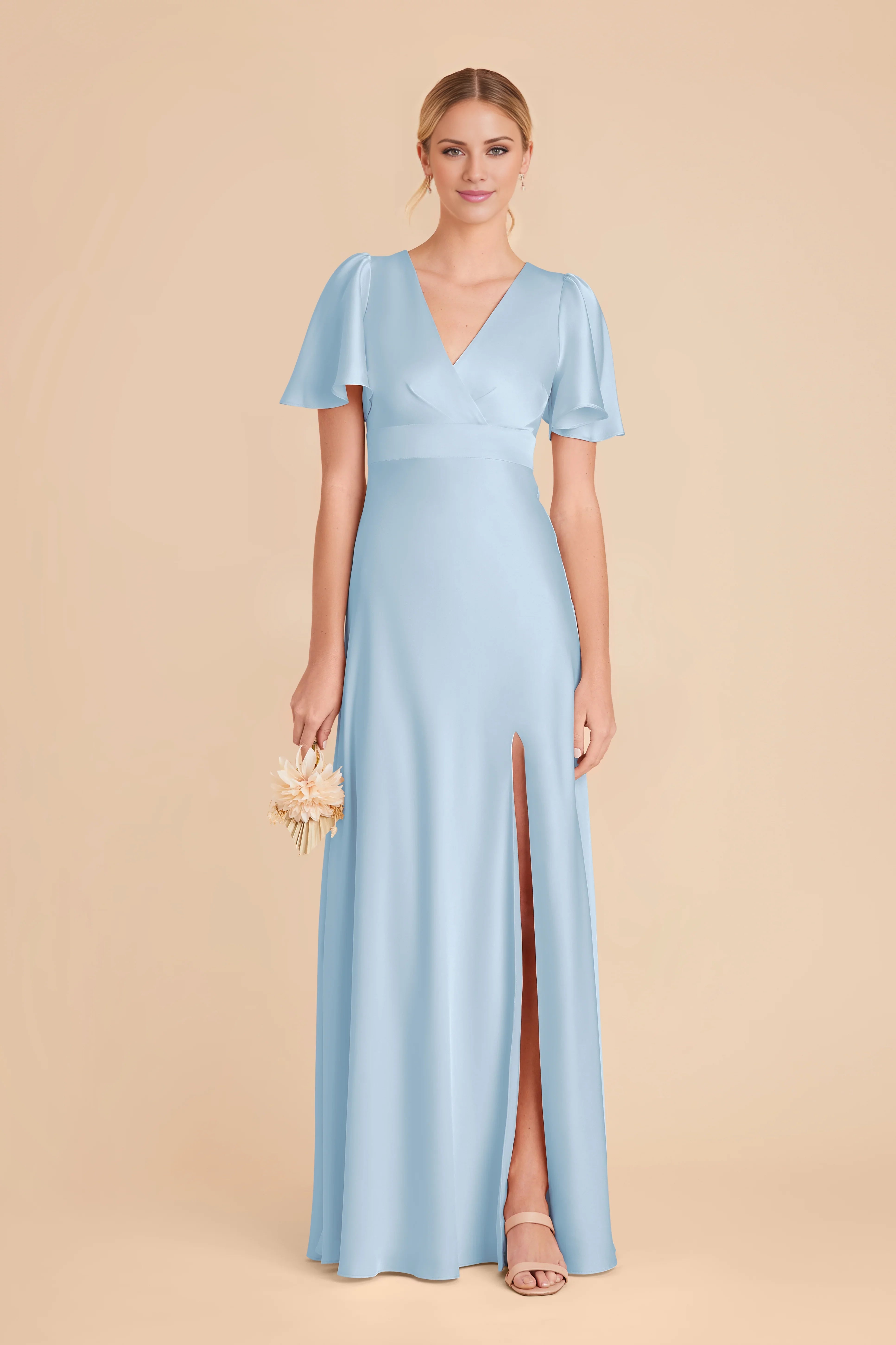 Romantic Sky Blue Satin V-Neck Flutter-Sleeve Maxi Bridesmaid Dress with High Side Slit