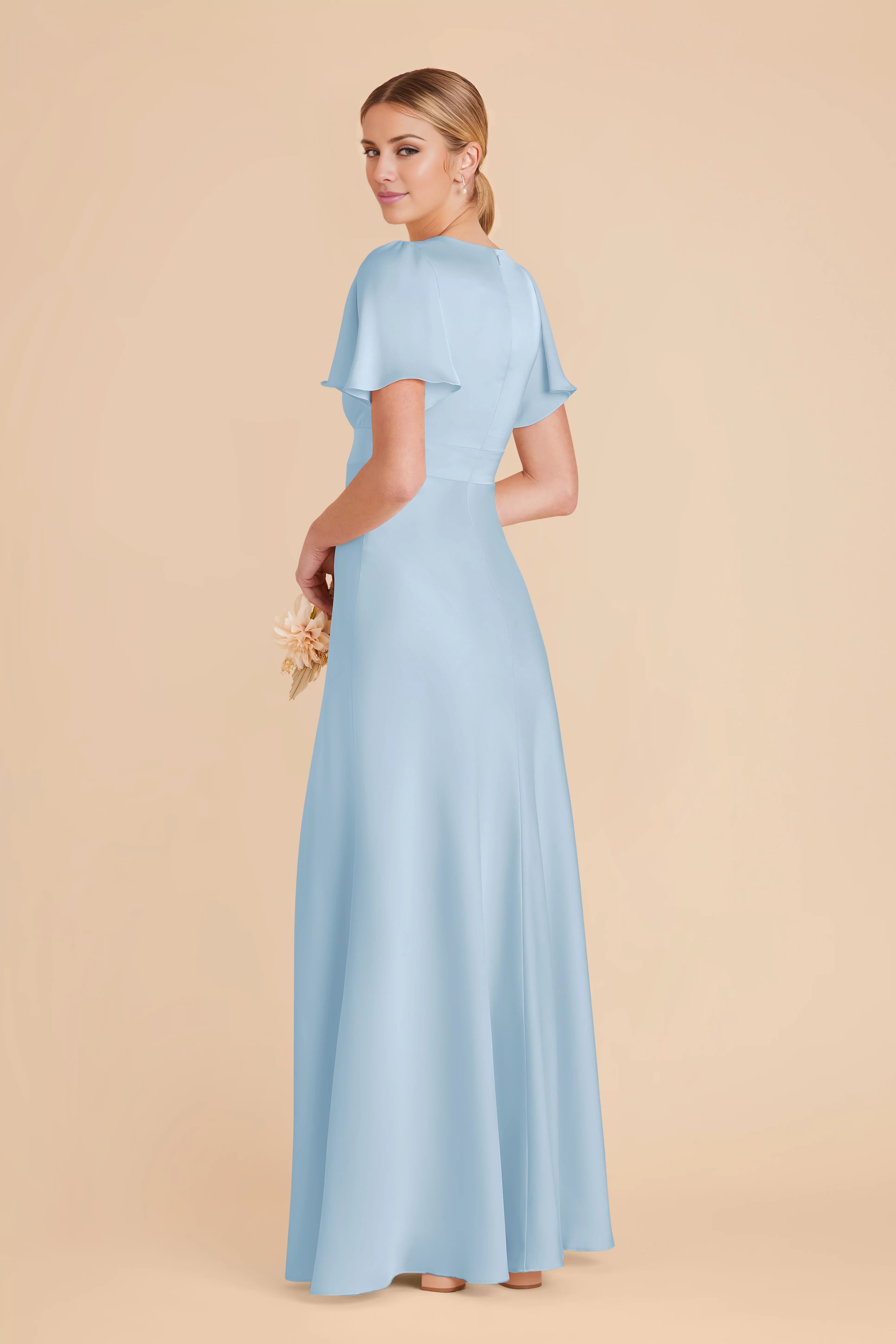 Romantic Sky Blue Satin V-Neck Flutter-Sleeve Maxi Bridesmaid Dress with High Side Slit