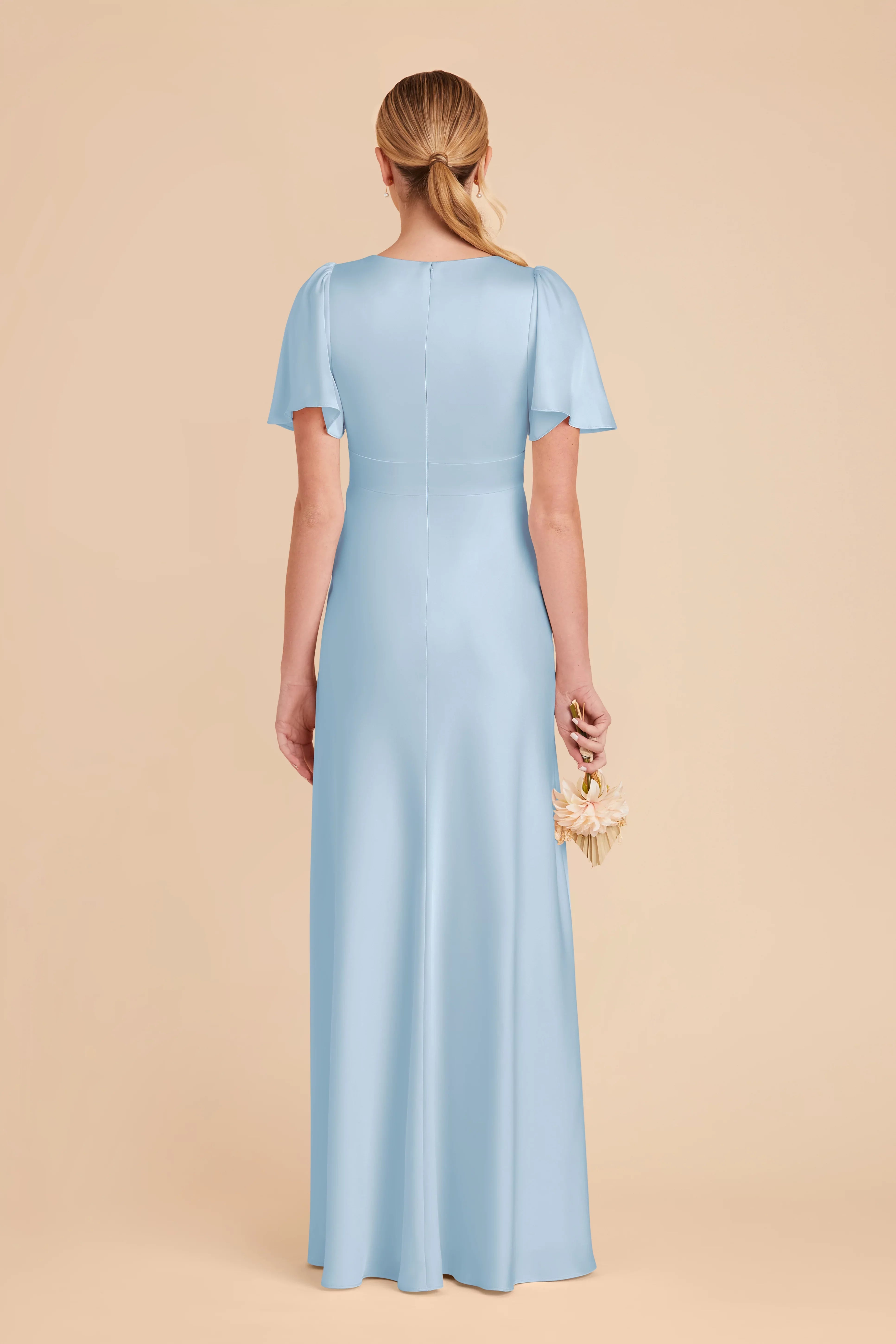 Romantic Sky Blue Satin V-Neck Flutter-Sleeve Maxi Bridesmaid Dress with High Side Slit