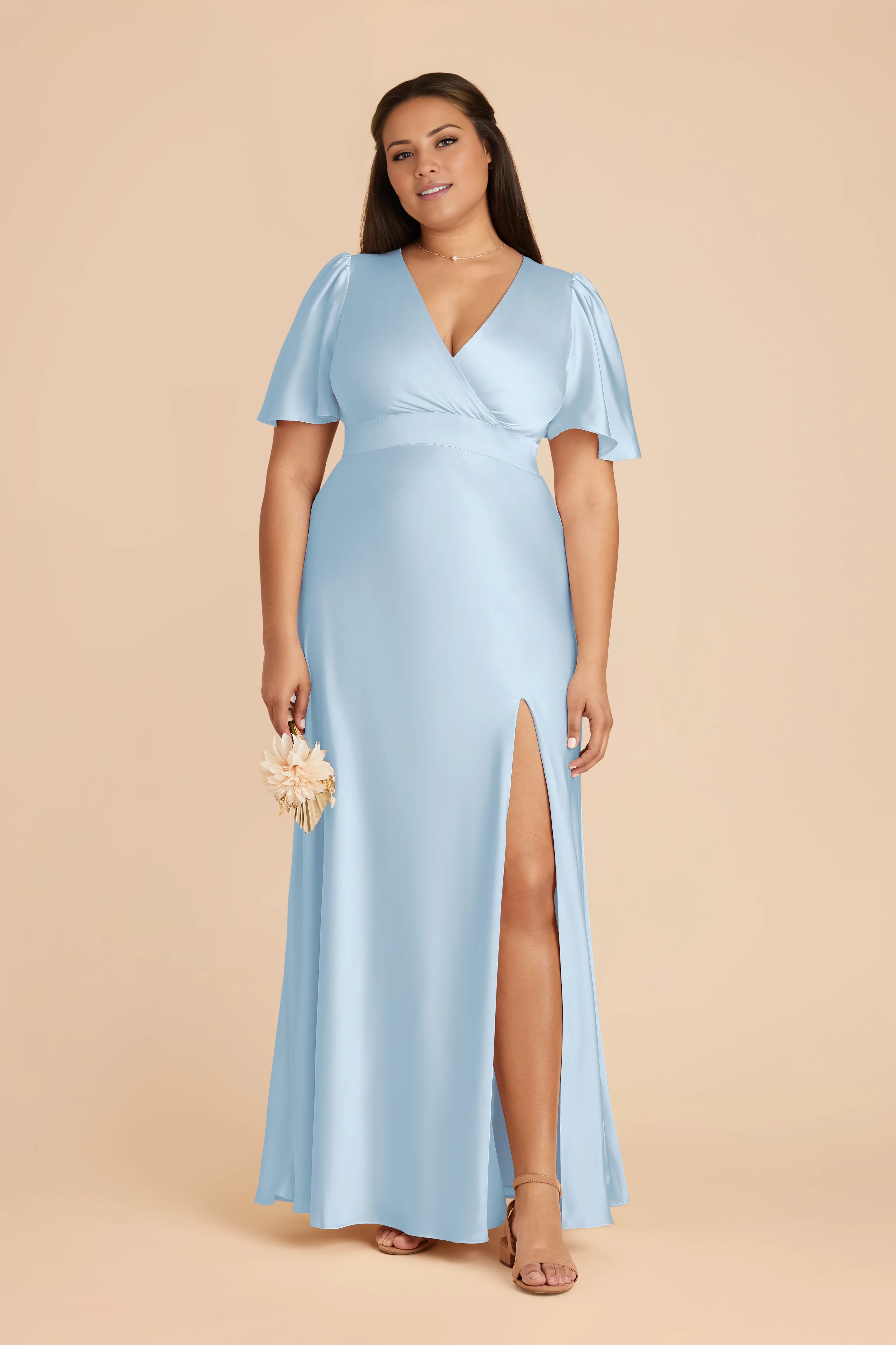 Romantic Sky Blue Satin V-Neck Flutter-Sleeve Maxi Bridesmaid Dress with High Side Slit