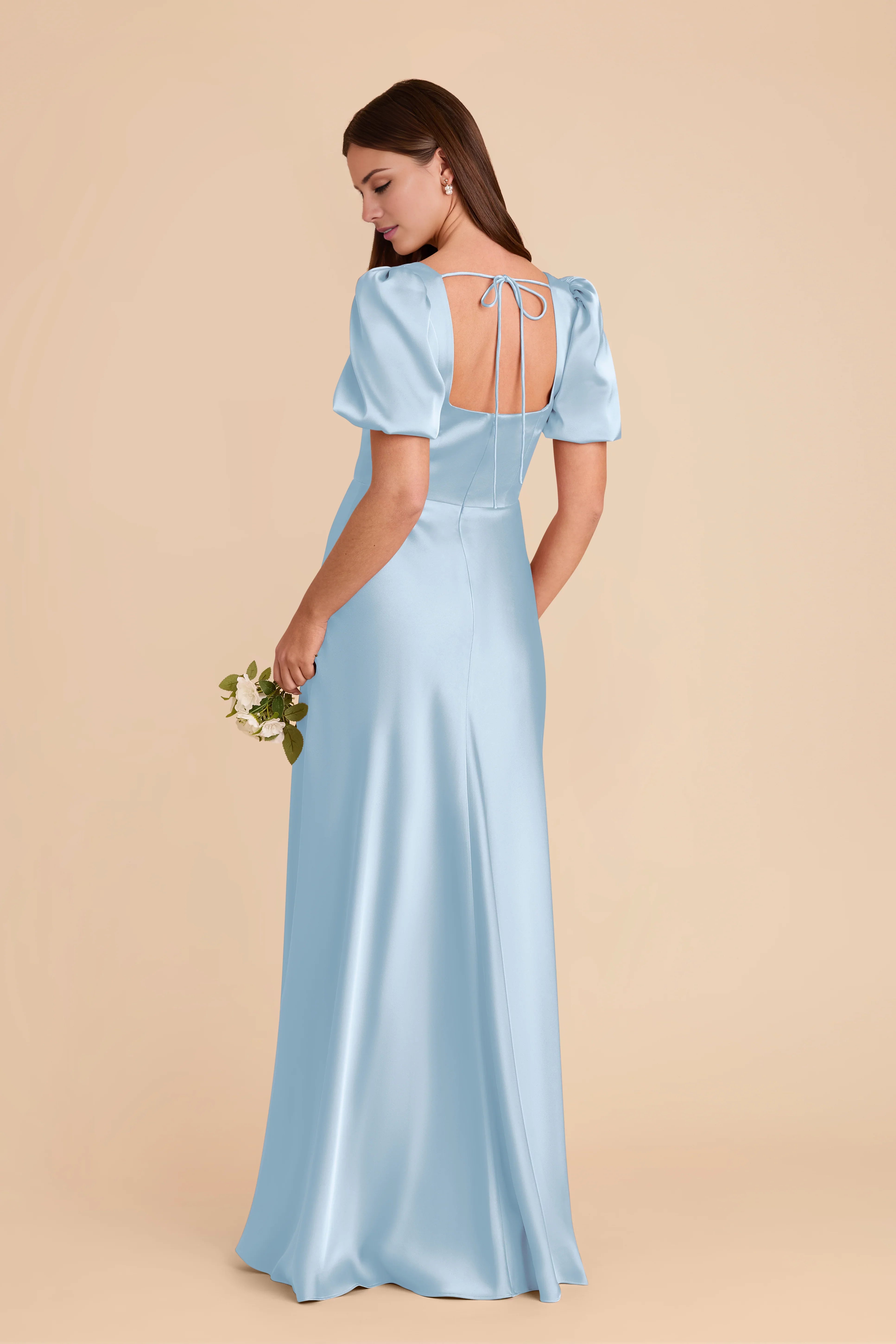 Romantic Sky Blue Square Neck Satin Puff-Sleeve Maxi Bridesmaid Dress