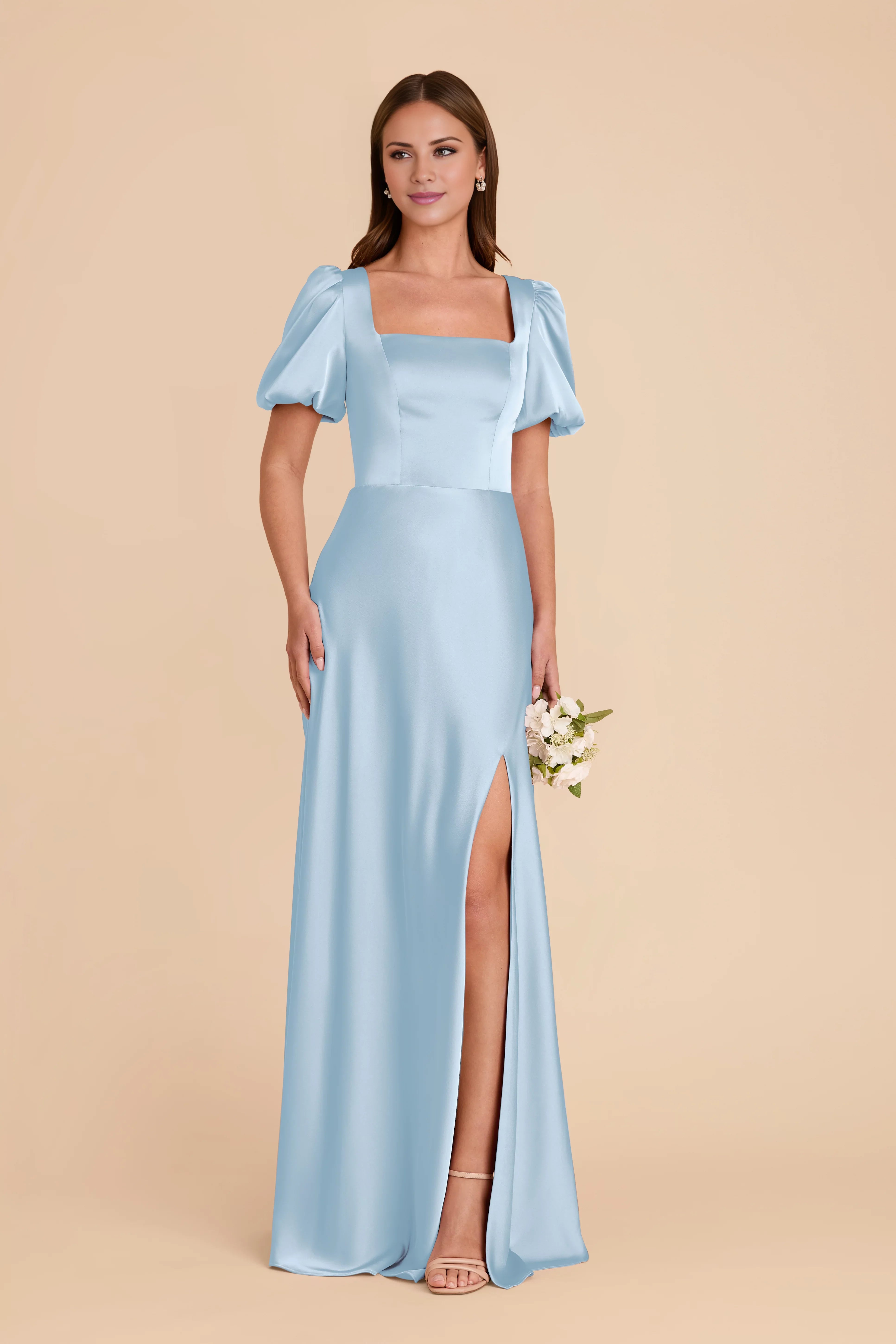 Romantic Sky Blue Square Neck Satin Puff-Sleeve Maxi Bridesmaid Dress