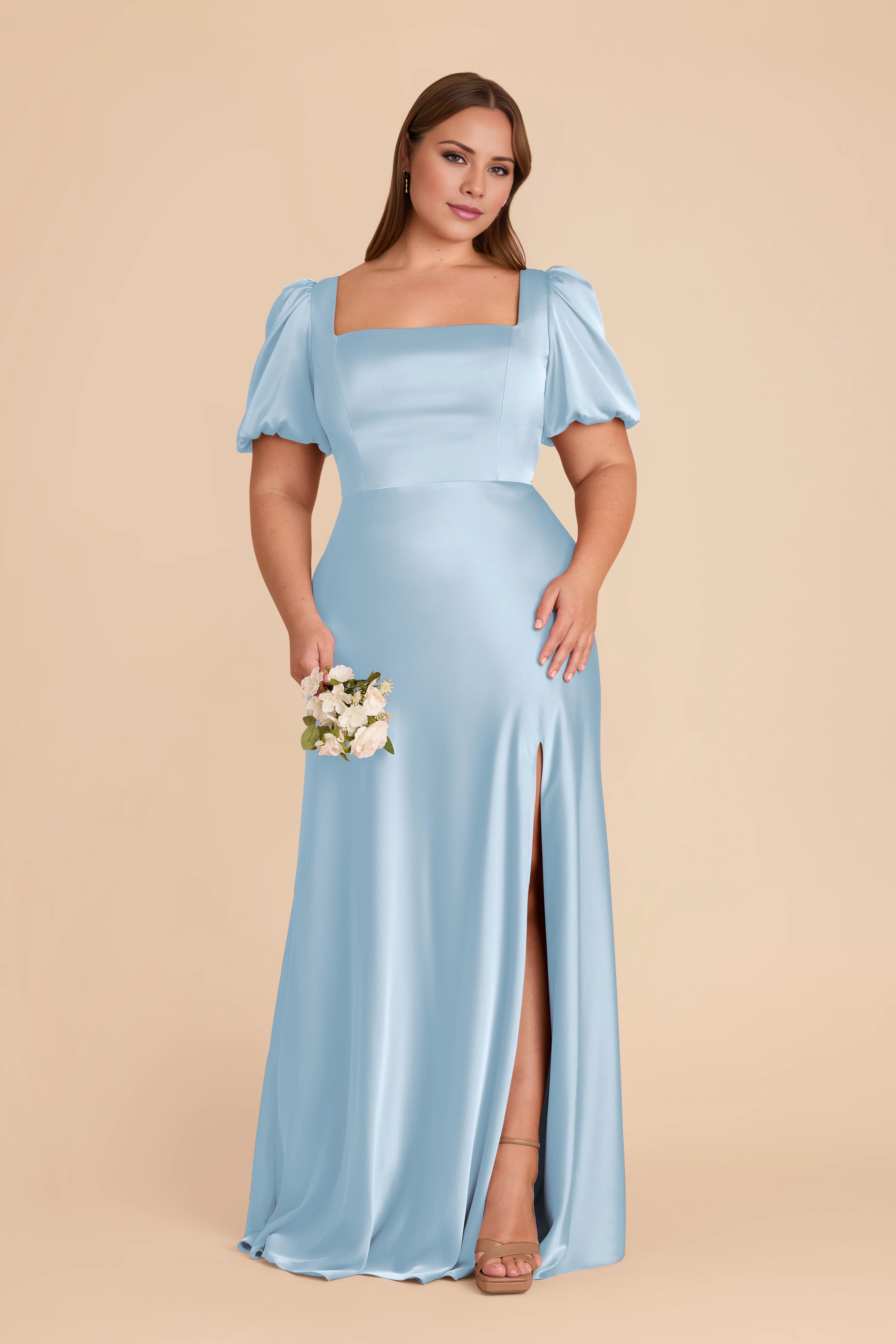 Romantic Sky Blue Square Neck Satin Puff-Sleeve Maxi Bridesmaid Dress
