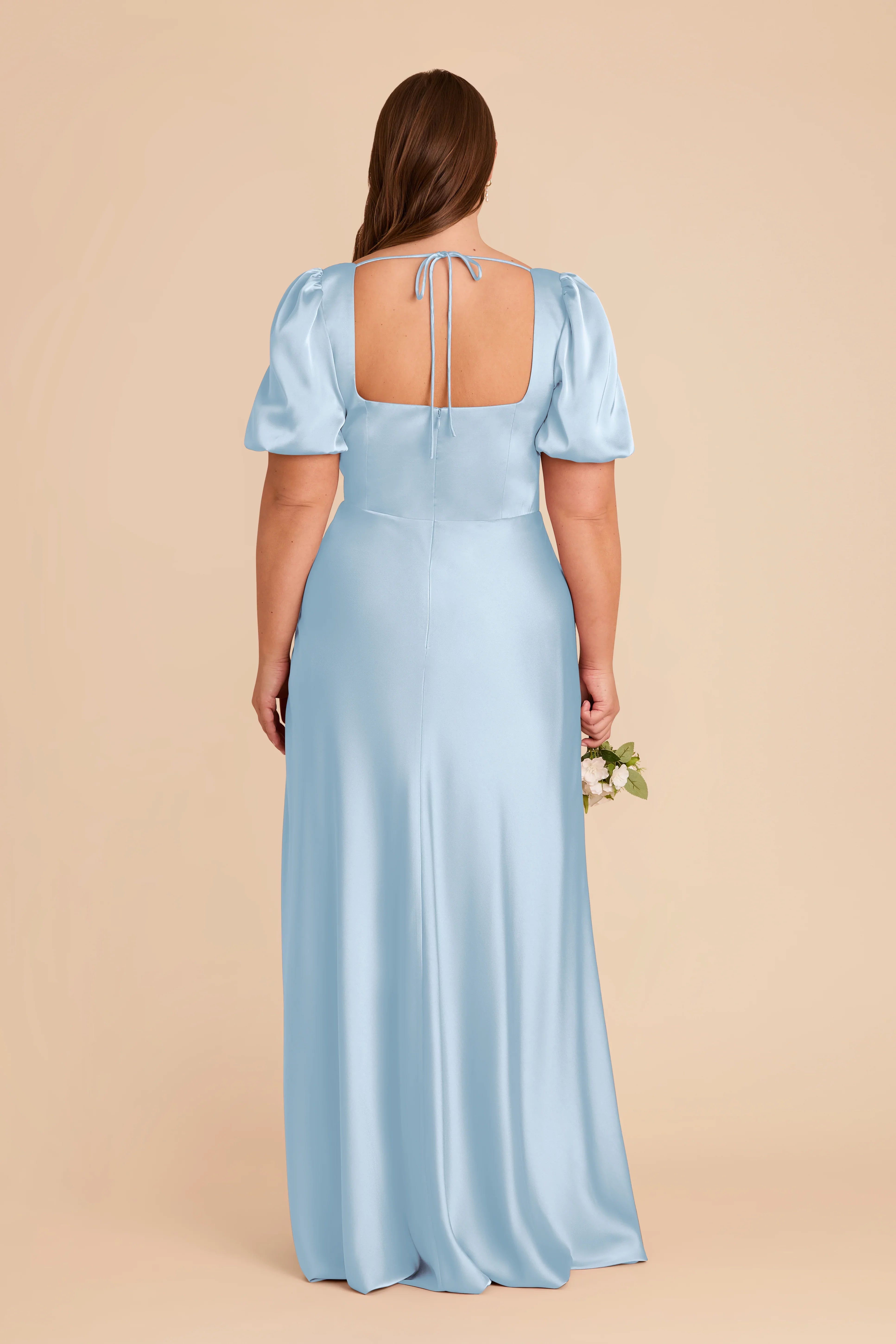 Romantic Sky Blue Square Neck Satin Puff-Sleeve Maxi Bridesmaid Dress