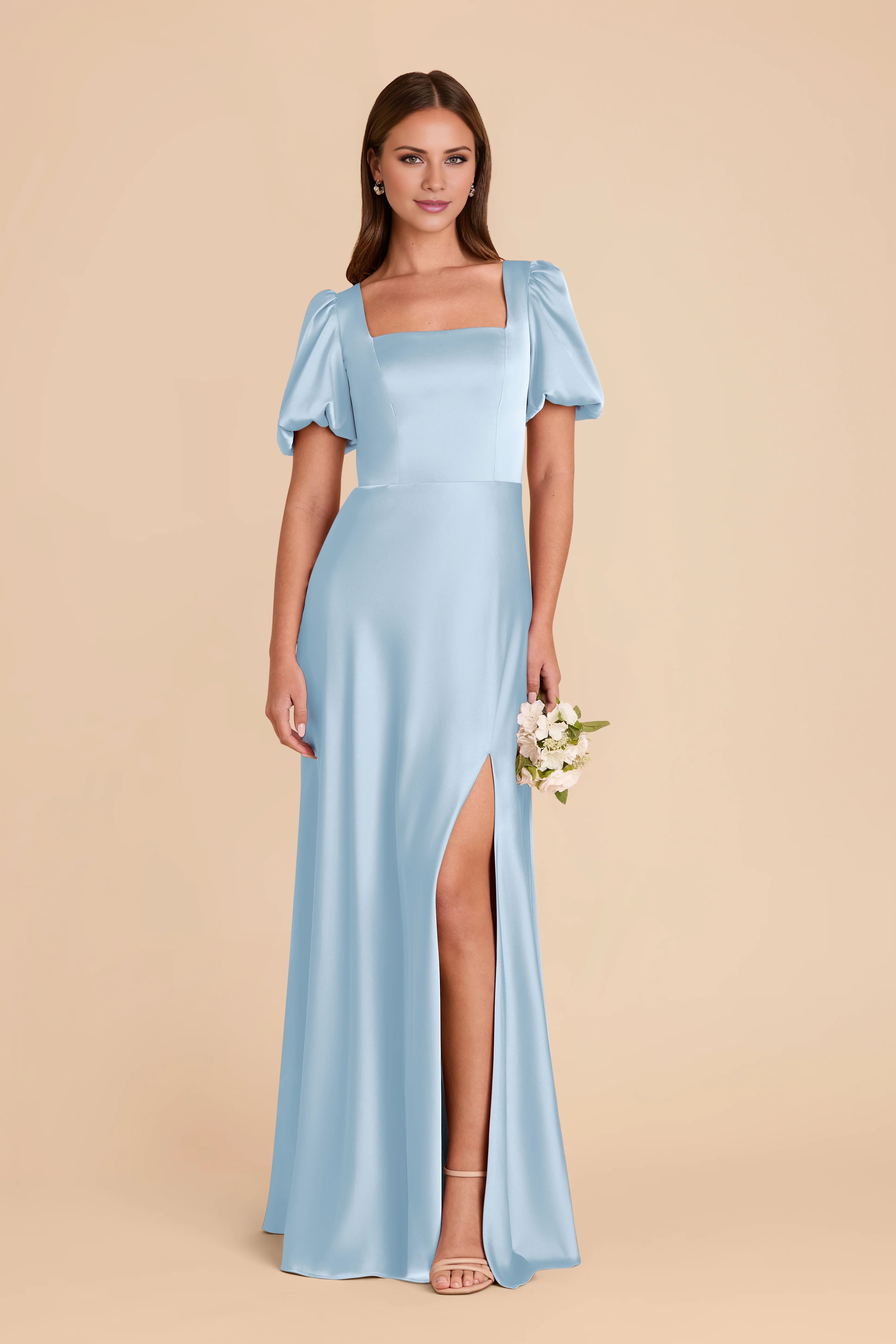 Romantic Sky Blue Square Neck Satin Puff-Sleeve Maxi Bridesmaid Dress