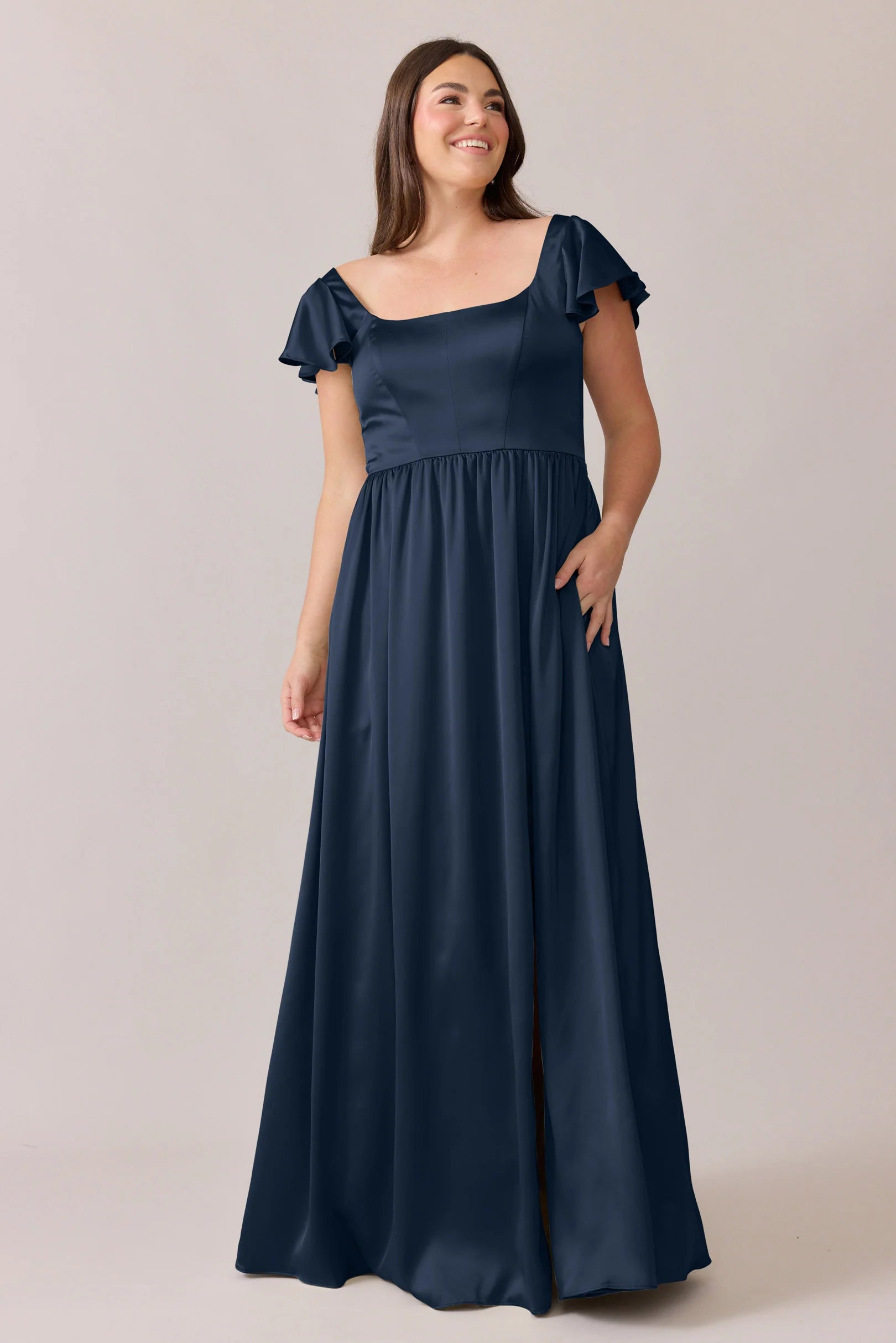 Romantic Square Neck Ruffle Cap Sleeve Satin A-Line Bridesmaid Dress with Pockets