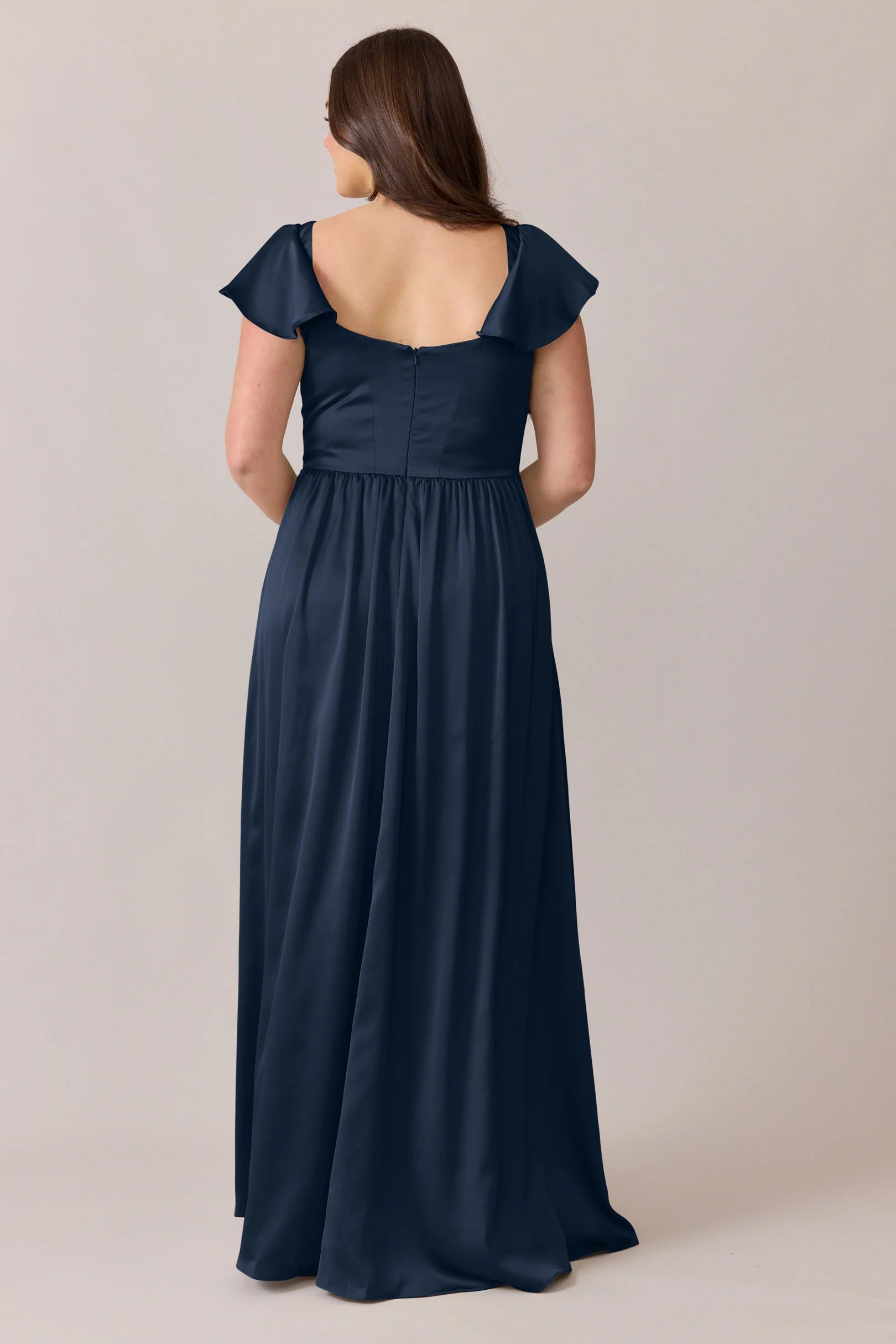 Romantic Square Neck Ruffle Cap Sleeve Satin A-Line Bridesmaid Dress with Pockets
