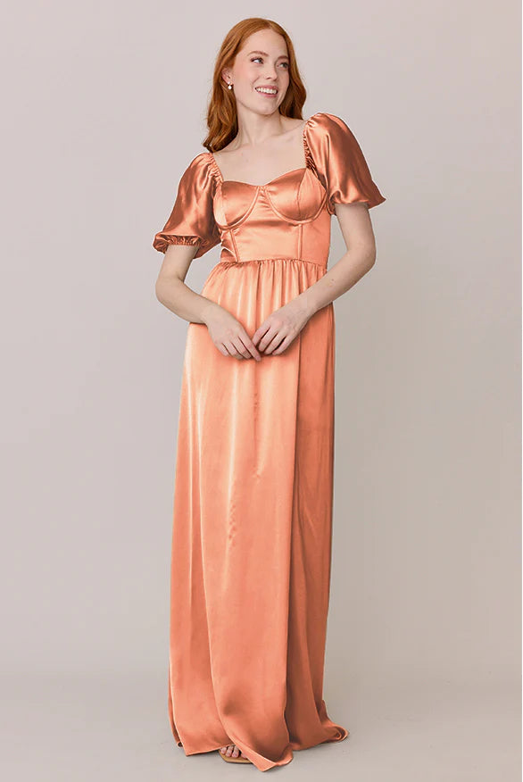 Romantic Sweetheart Neck Puff Sleeve Tie-Back Empire Waist A-Line Floor-Length Bridesmaid Dress