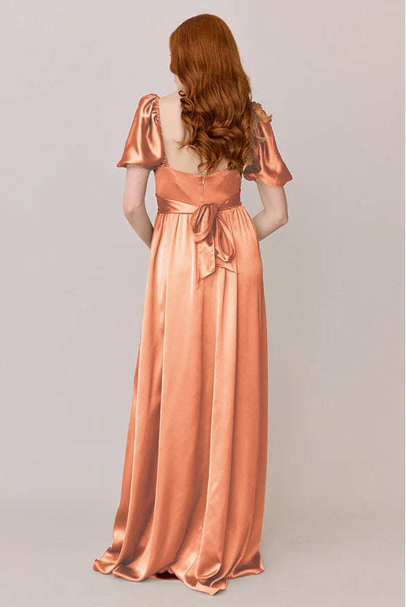 Romantic Sweetheart Neck Puff Sleeve Tie-Back Empire Waist A-Line Floor-Length Bridesmaid Dress
