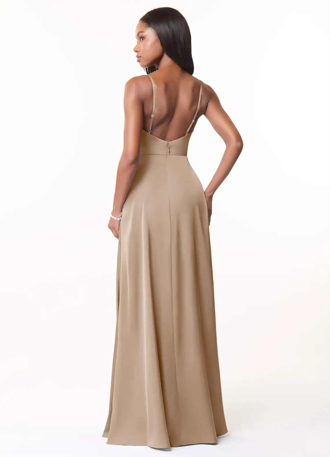 Romantic Taupe Satin Bridesmaid Dresses with Cowl Neck, Ruched Waist, High Slit and Open Back