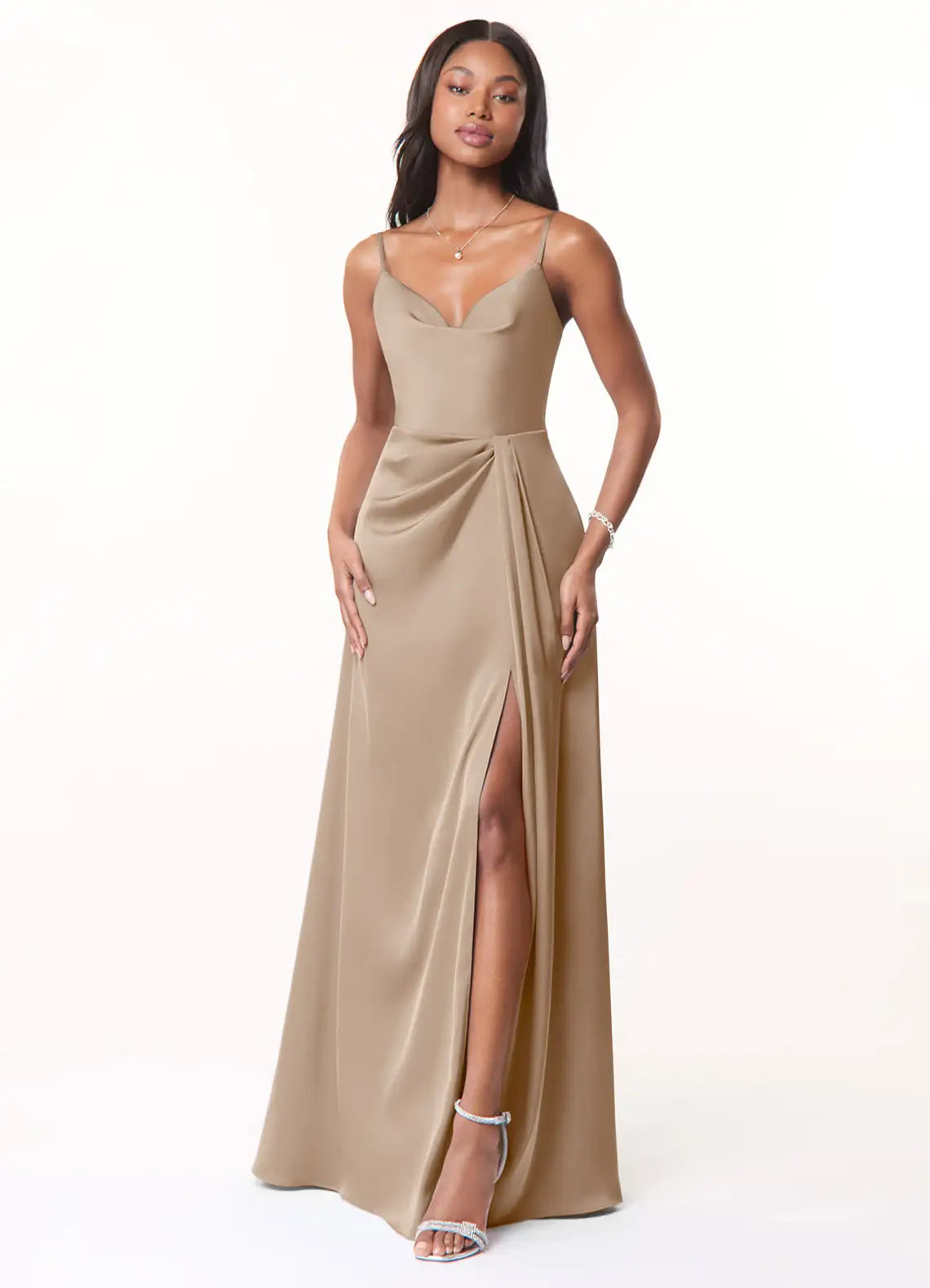 Romantic Taupe Satin Bridesmaid Dresses with Cowl Neck, Ruched Waist, High Slit and Open Back