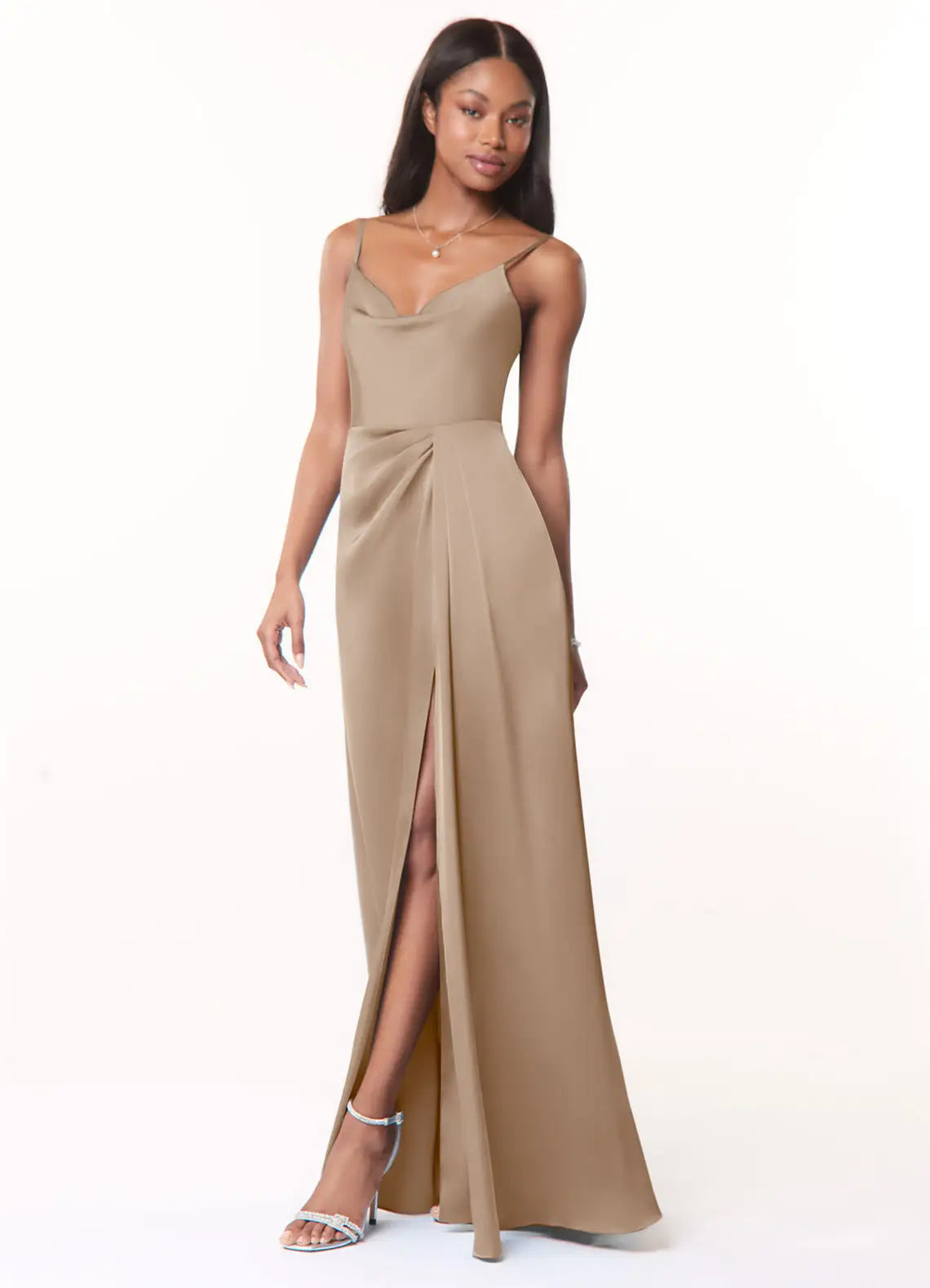 Romantic Taupe Satin Bridesmaid Dresses with Cowl Neck, Ruched Waist, High Slit and Open Back