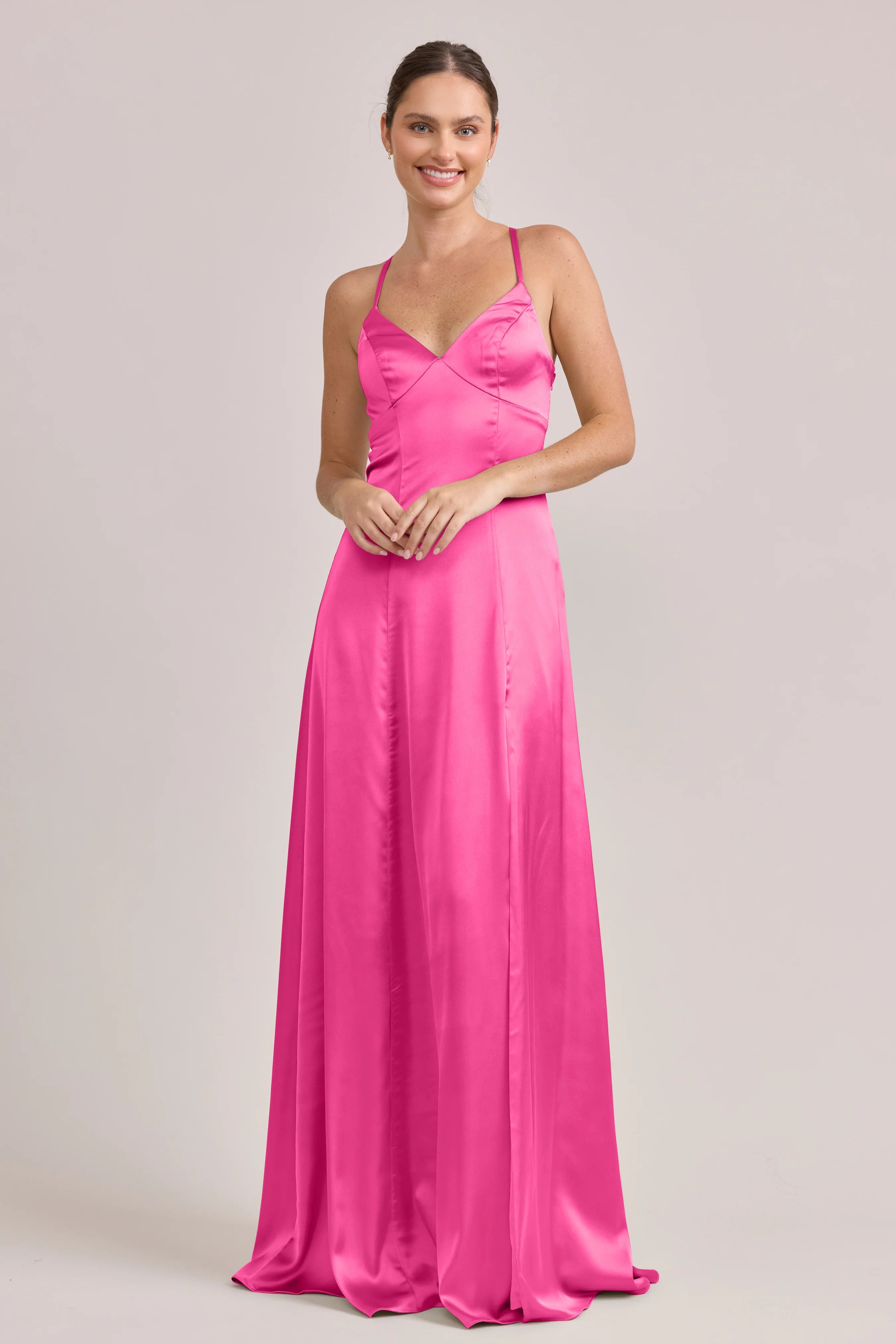 Romantic V-Neck Hot Pink Satin Bridesmaid Dress with Crisscross Back Straps, High Thigh Slit & Floor-Length Hem
