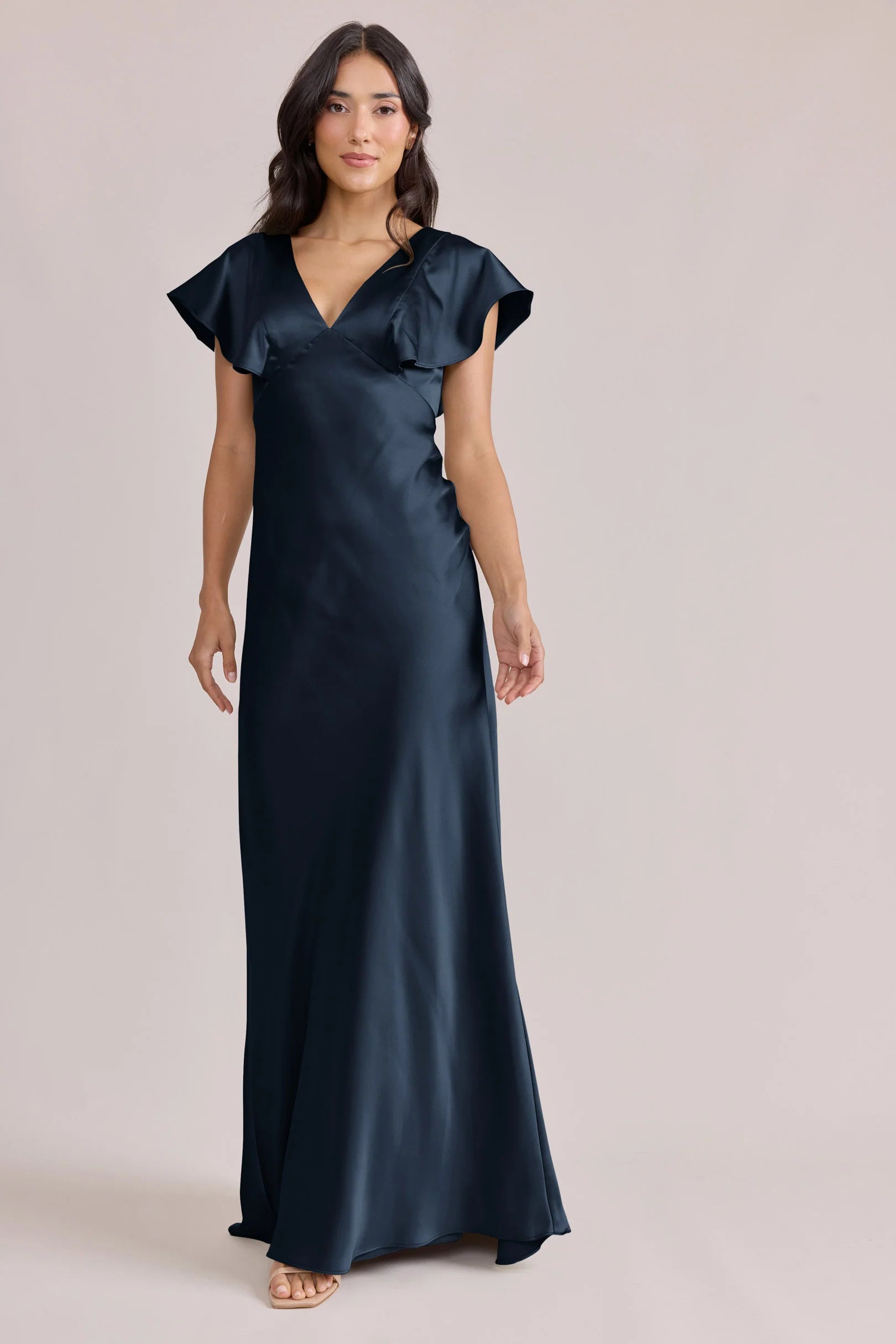 Romantic V-Neck Navy Blue Satin Bridesmaid Dress with Ruffle Flutter Sleeves & Open Back